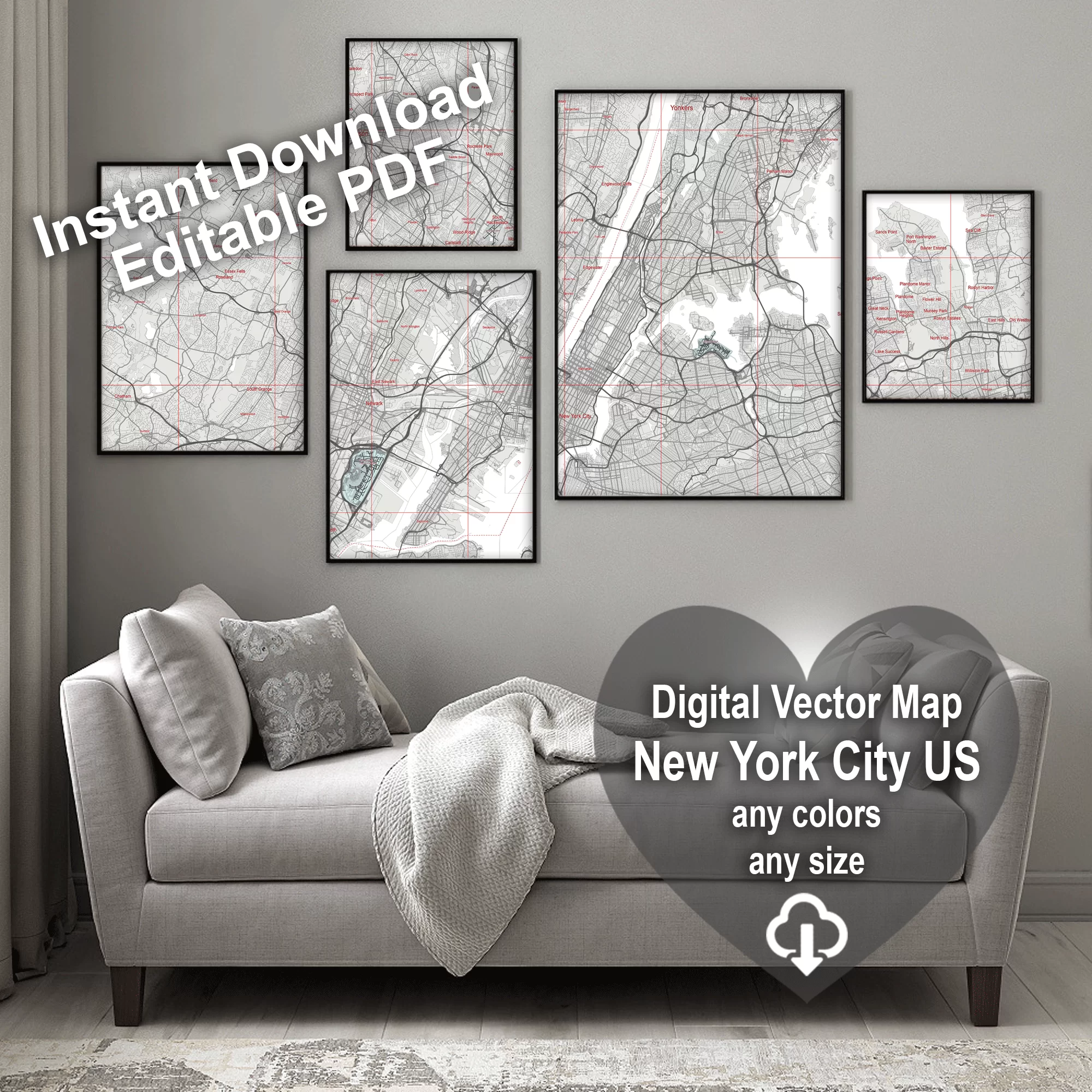 New York City US PDF Vector Map: City Plan Low Detailed (simple white) Street Map editable Adobe PDF in layers