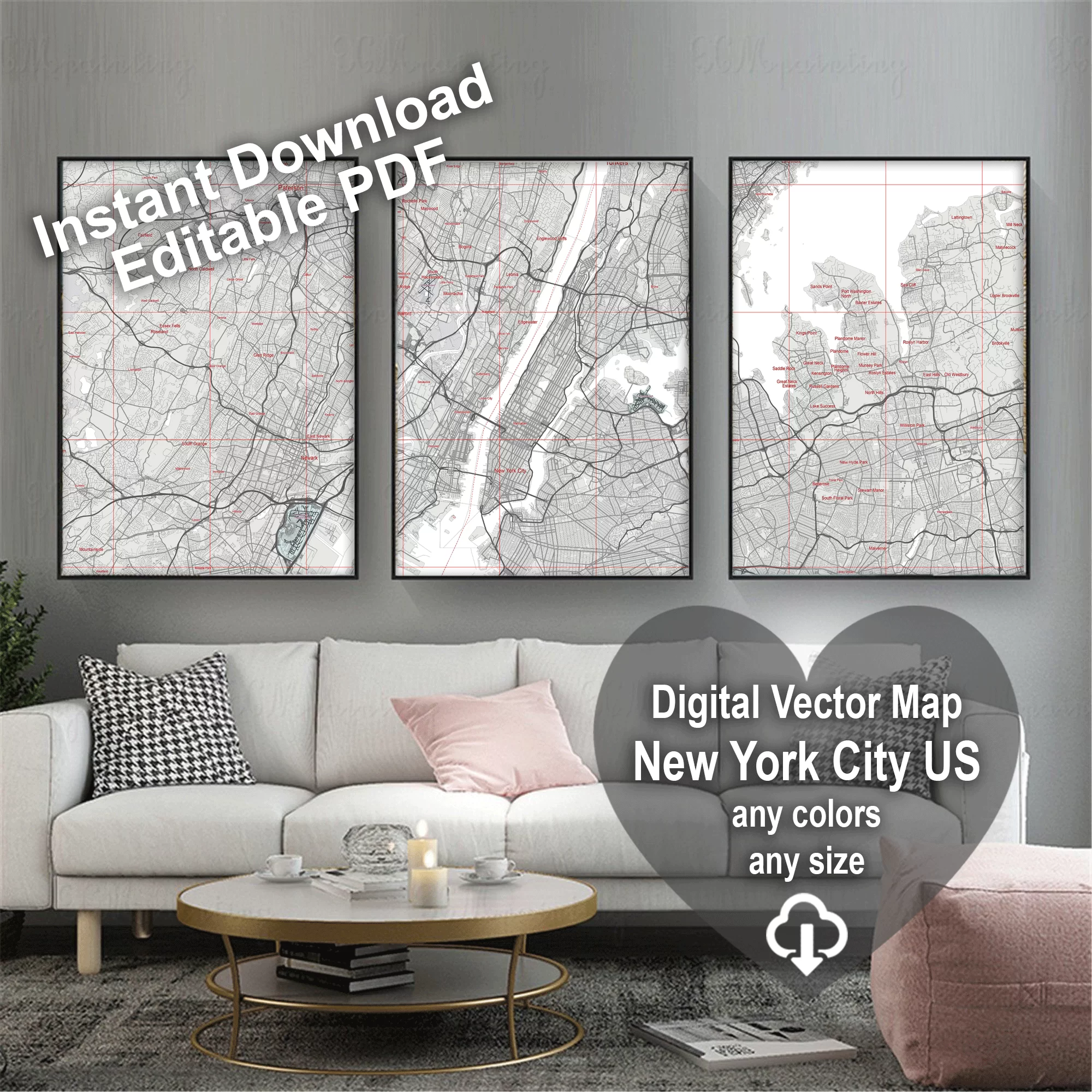 New York City US PDF Vector Map: City Plan Low Detailed (simple white) Street Map editable Adobe PDF in layers