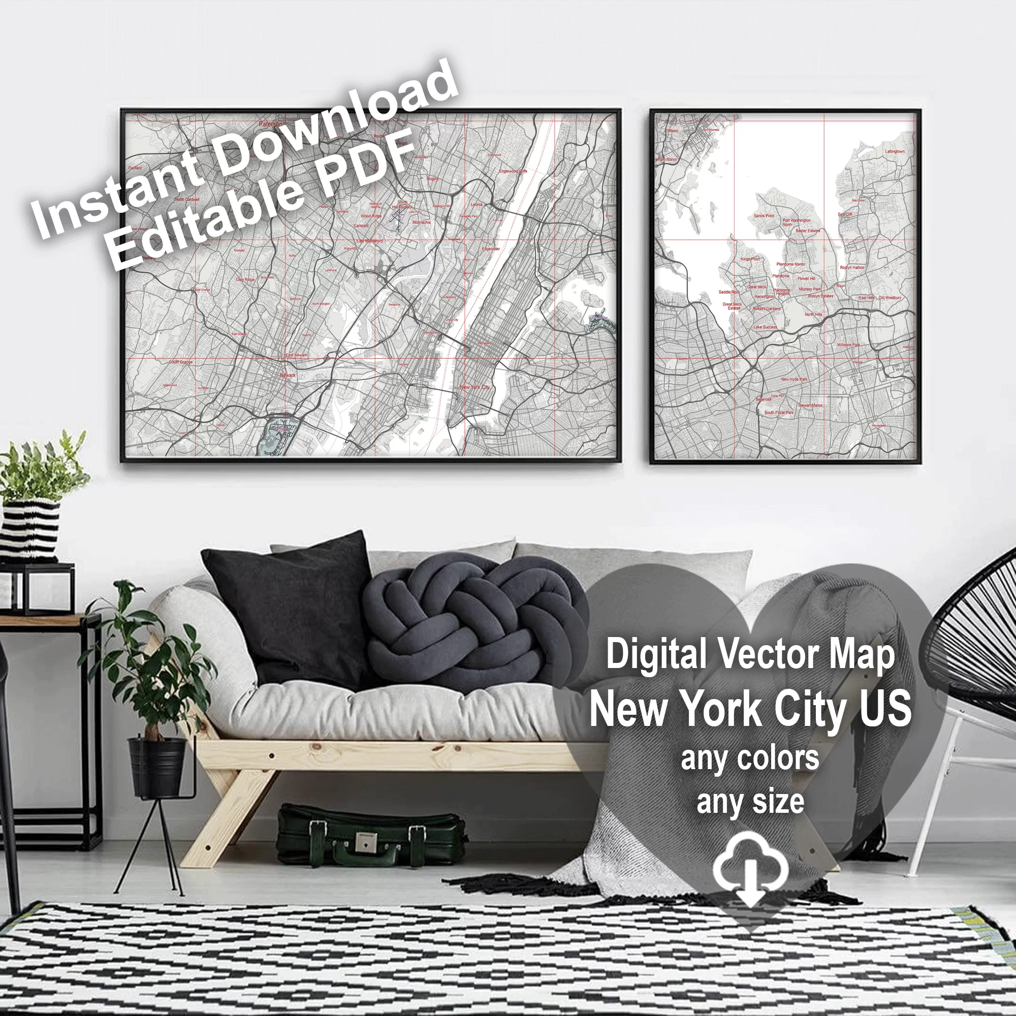 New York City US PDF Vector Map: City Plan Low Detailed (simple white) Street Map editable Adobe PDF in layers