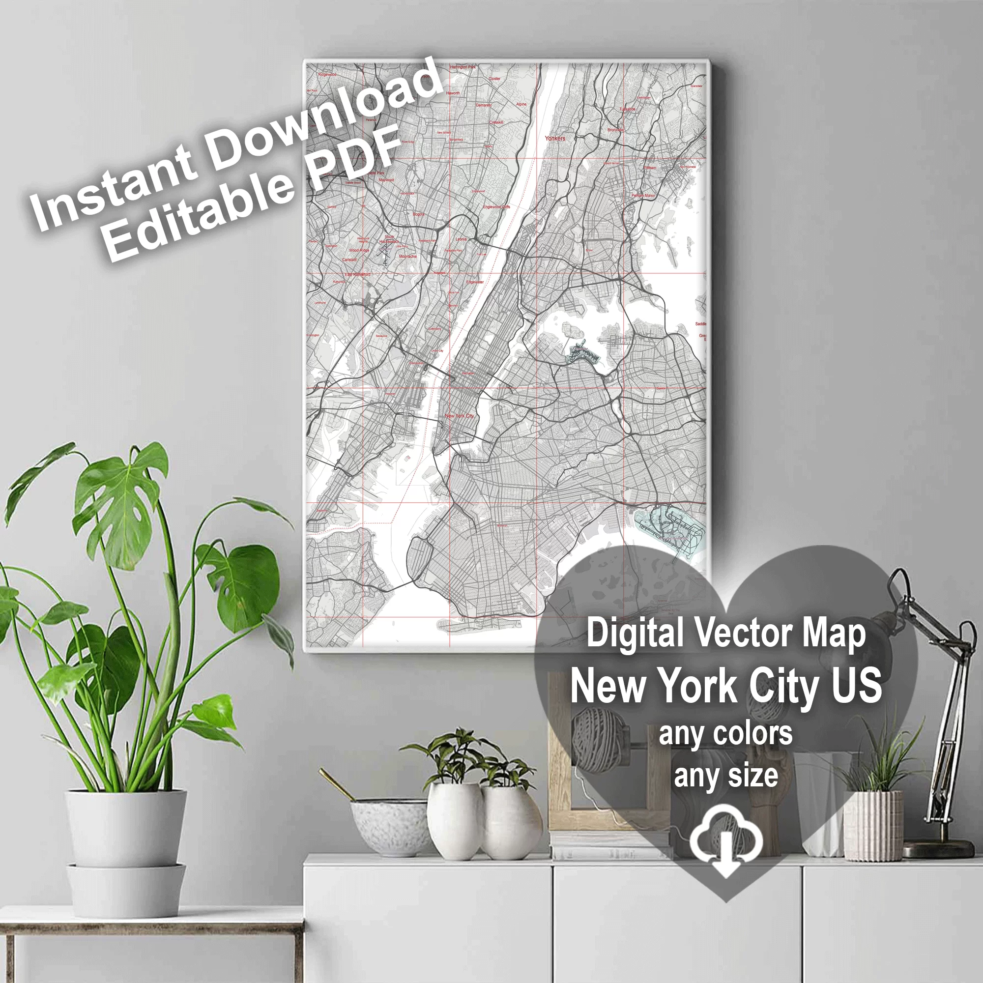 New York City US PDF Vector Map: City Plan Low Detailed (simple white) Street Map editable Adobe PDF in layers