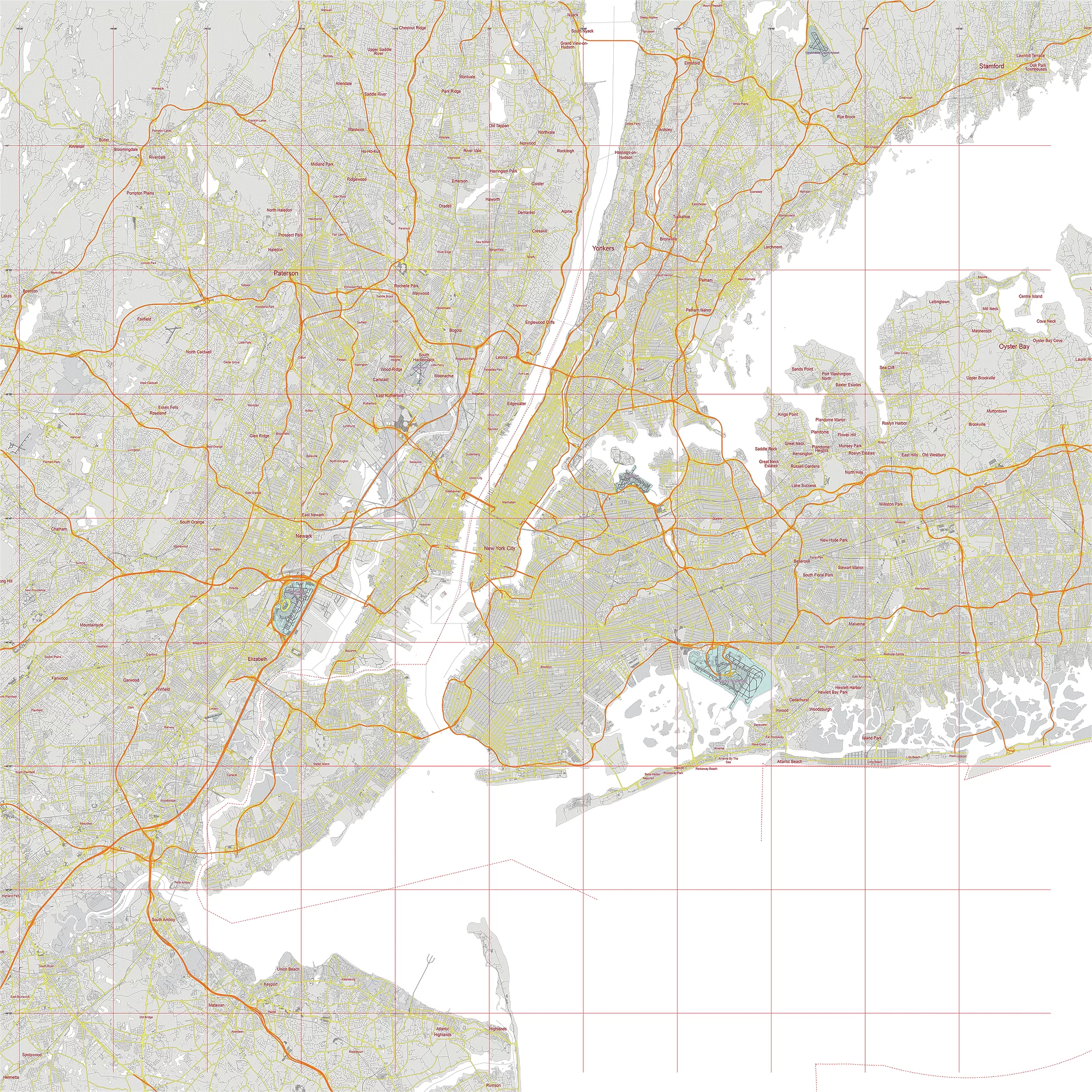 New York City US PDF Vector Map: City Plan Low Detailed (simple white + colors) Street Map editable Adobe PDF in layers