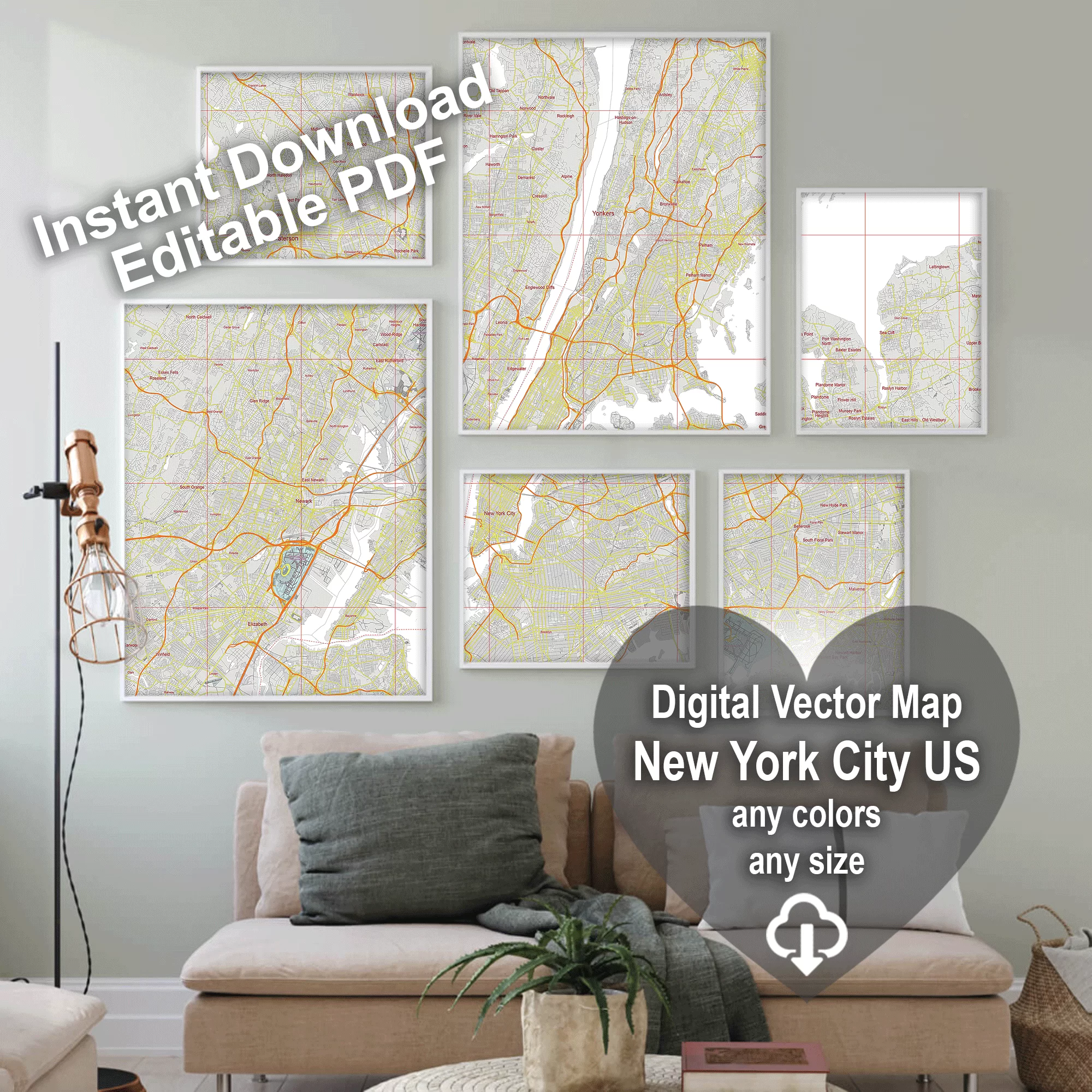 New York City US PDF Vector Map: City Plan Low Detailed (simple white + colors) Street Map editable Adobe PDF in layers