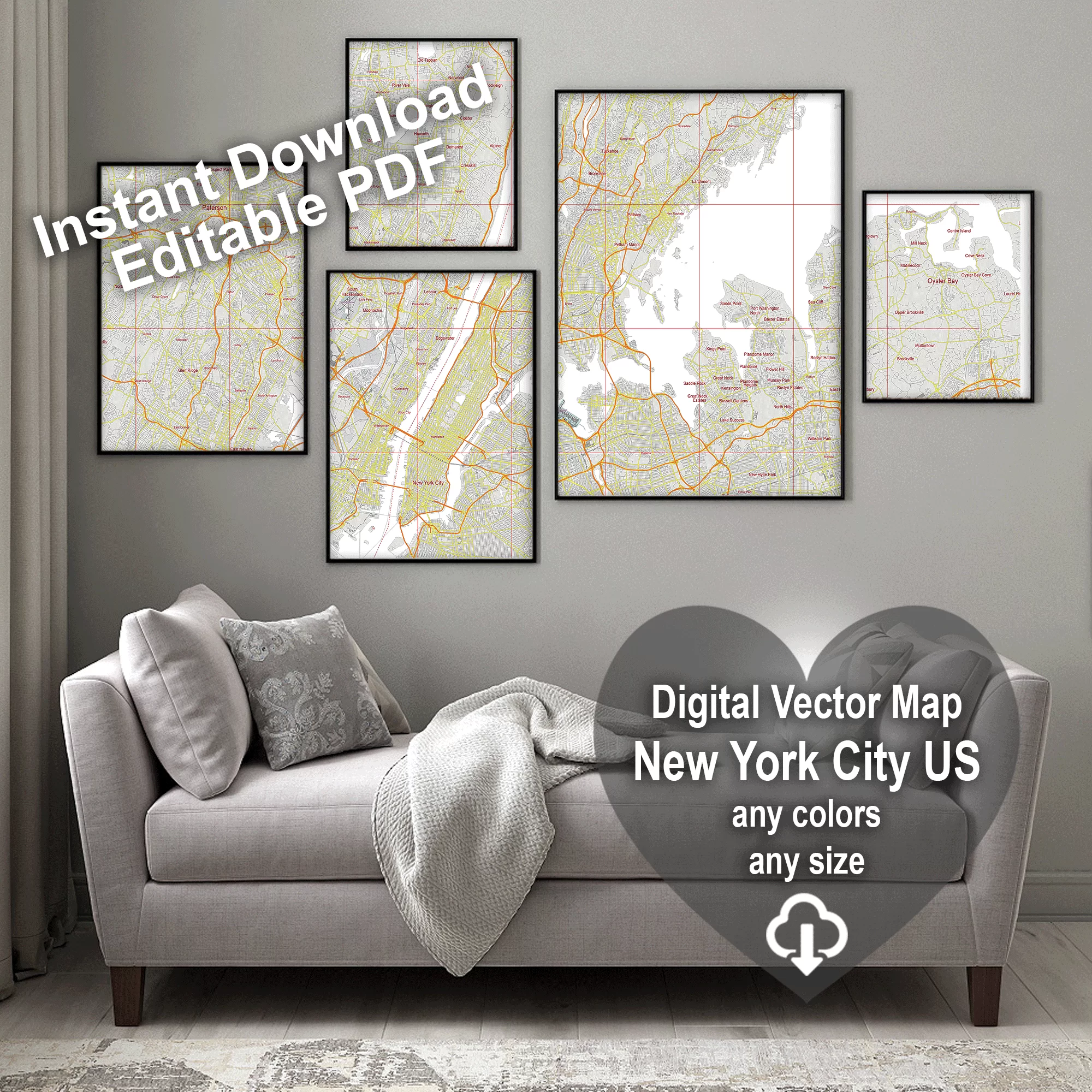 New York City US PDF Vector Map: City Plan Low Detailed (simple white + colors) Street Map editable Adobe PDF in layers