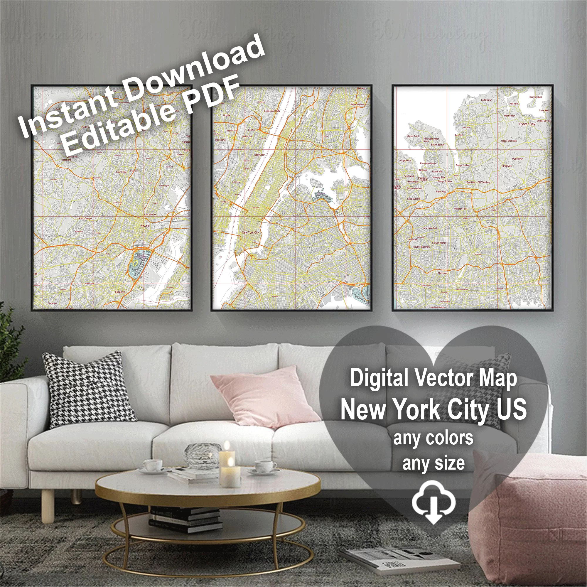 New York City US PDF Vector Map: City Plan Low Detailed (simple white + colors) Street Map editable Adobe PDF in layers