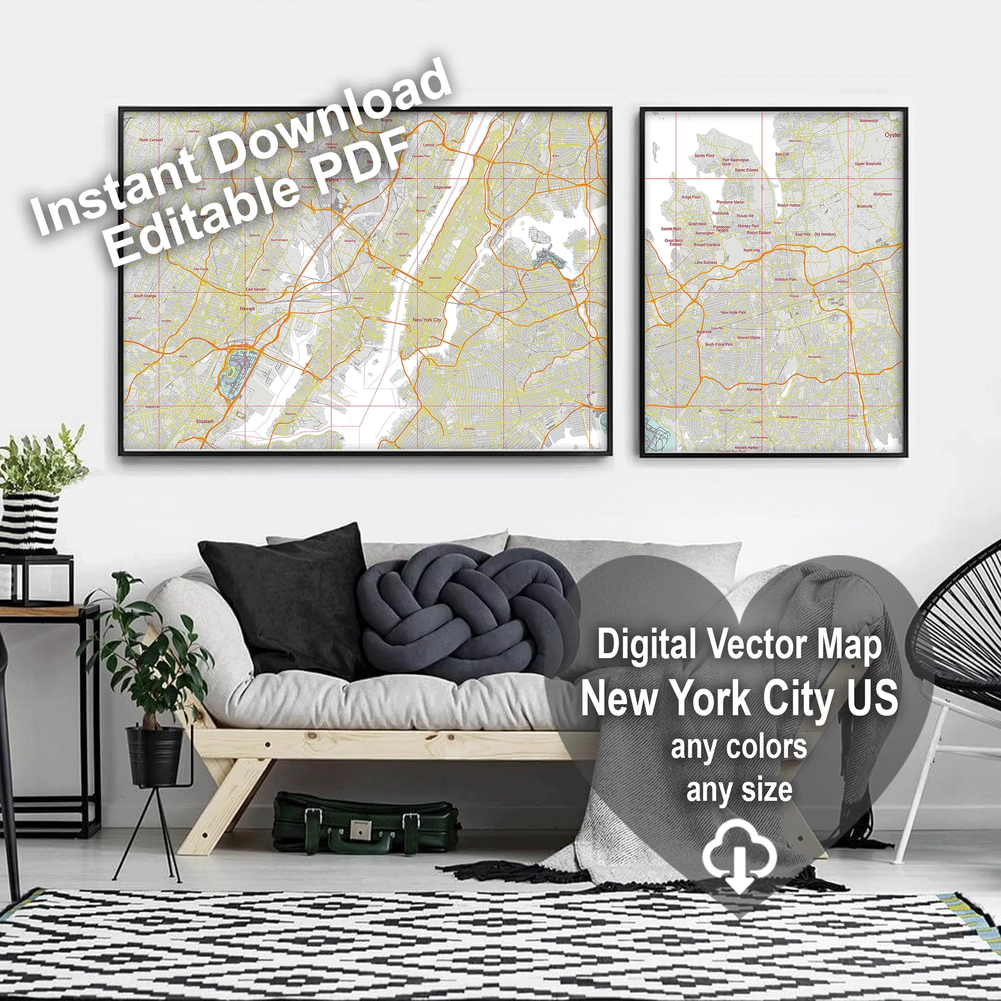 New York City US PDF Vector Map: City Plan Low Detailed (simple white + colors) Street Map editable Adobe PDF in layers