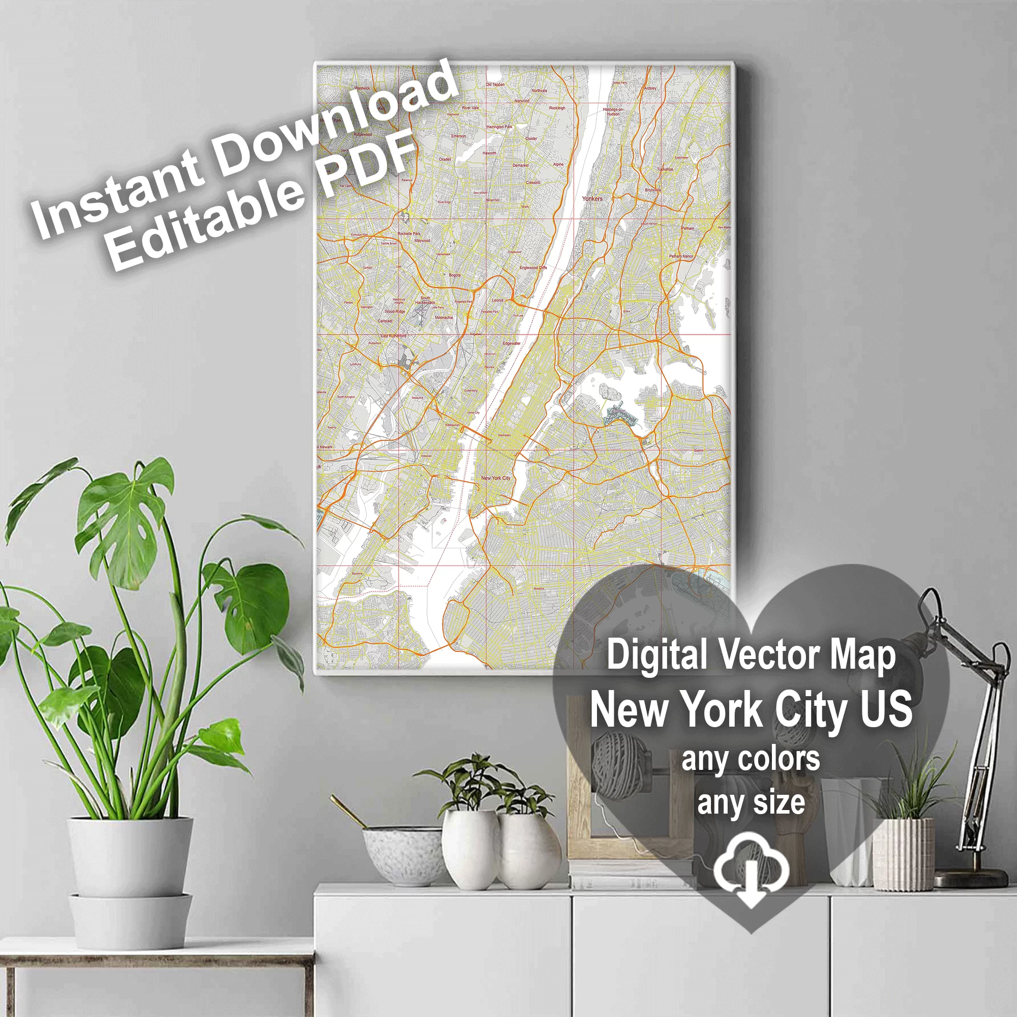 New York City US PDF Vector Map: City Plan Low Detailed (simple white + colors) Street Map editable Adobe PDF in layers