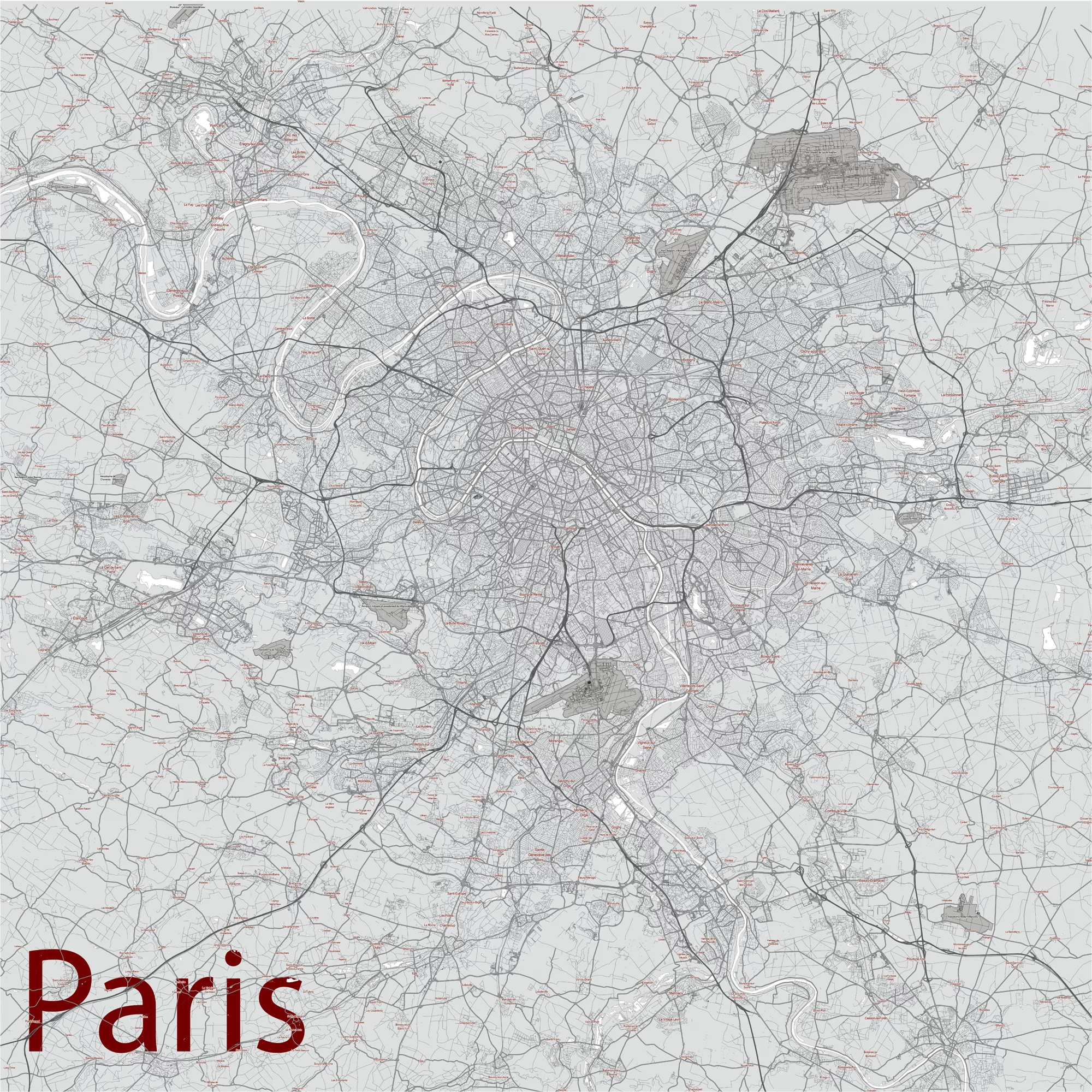 Paris France Map Vector City Plan Low Detailed (simple white) Street Map editable Adobe Illustrator in layers