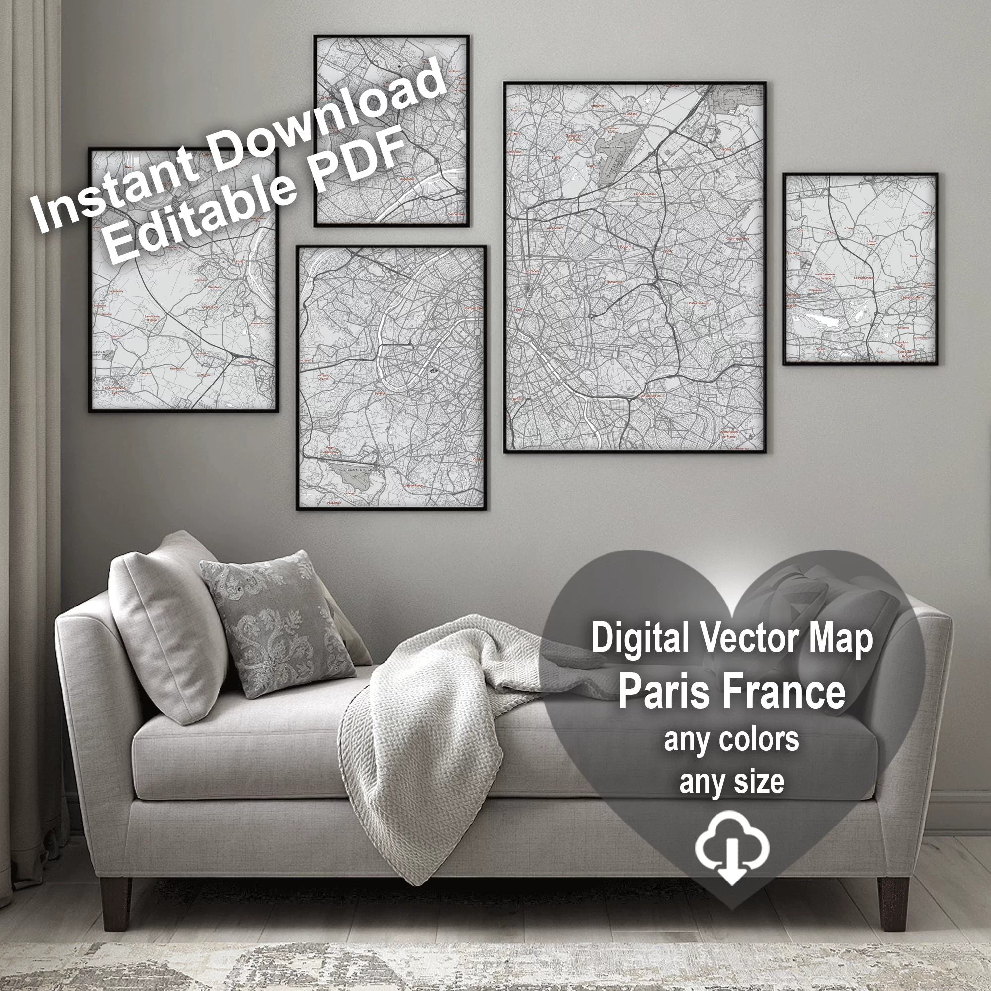 Paris France Map Vector City Plan Low Detailed (simple white) Street Map editable Adobe Illustrator in layers