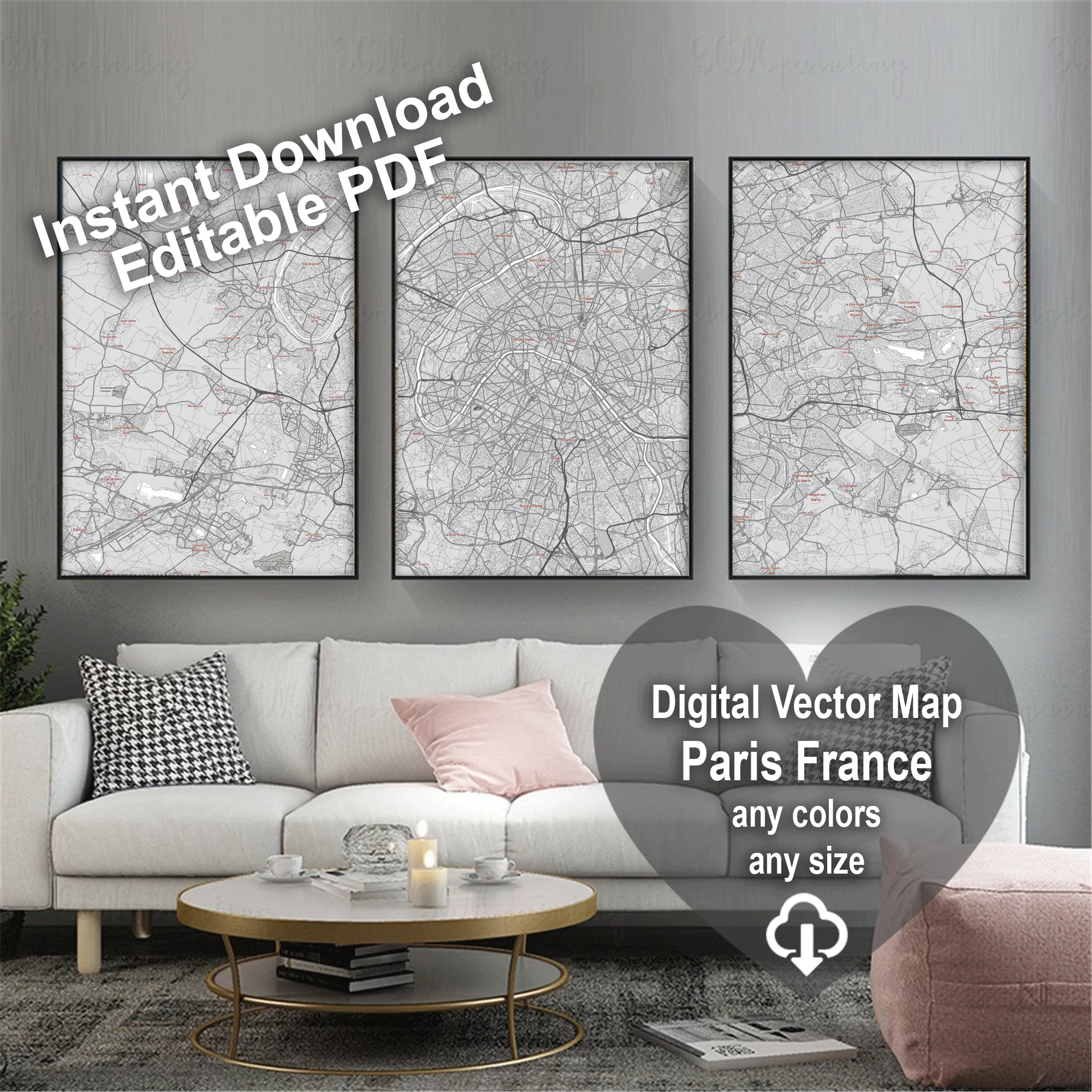 Paris France Map Vector City Plan Low Detailed (simple white) Street Map editable Adobe Illustrator in layers