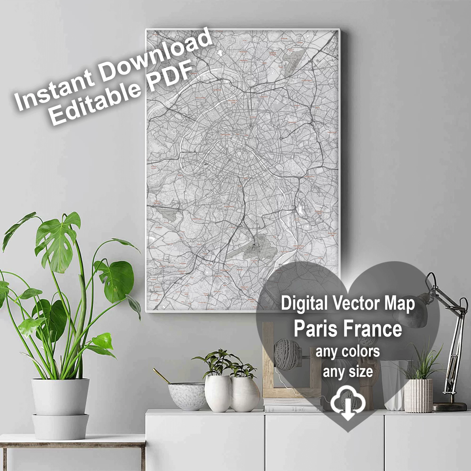 Paris France Map Vector City Plan Low Detailed (simple white) Street Map editable Adobe Illustrator in layers
