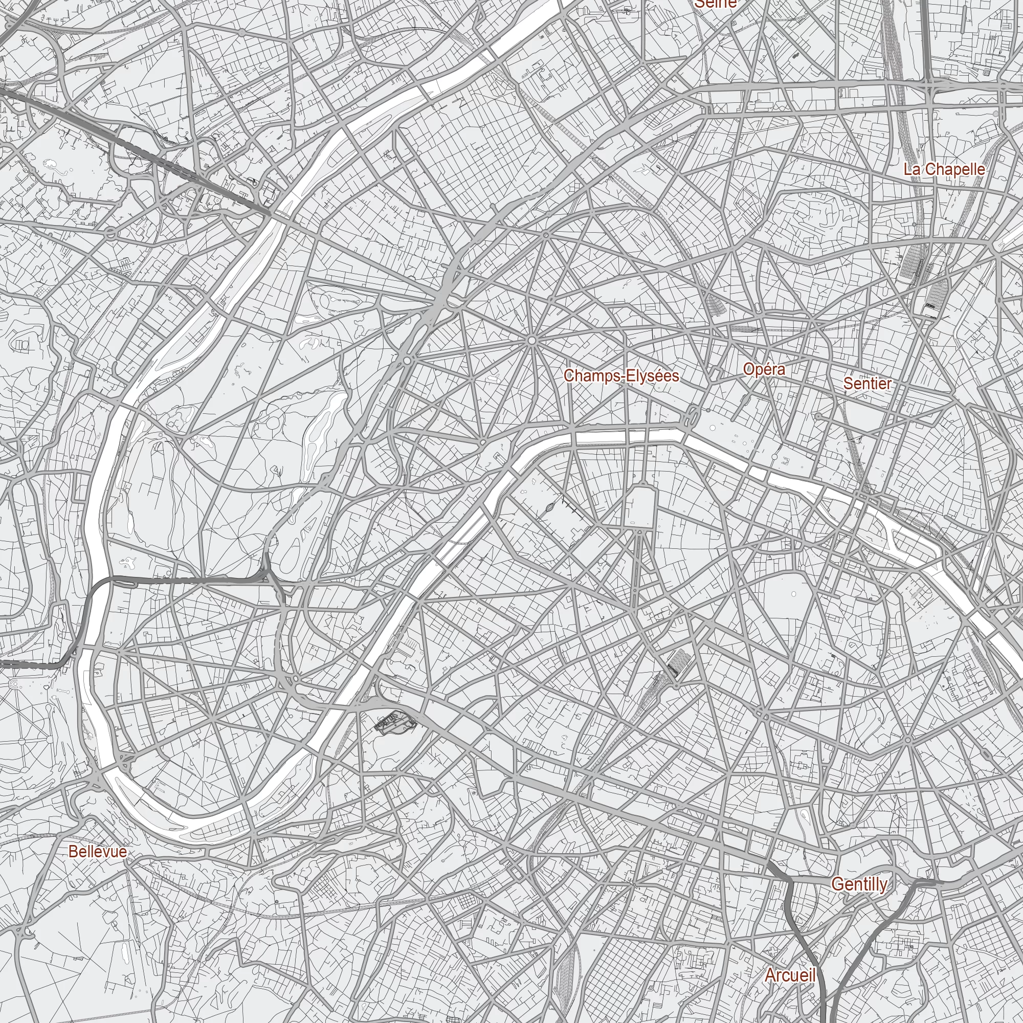 Paris France Map Vector City Plan Low Detailed (simple white) Street Map editable Adobe Illustrator in layers