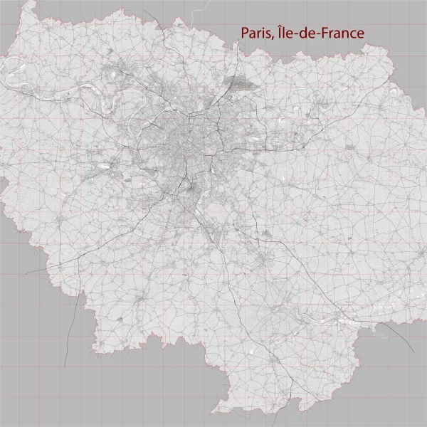 Paris Ile de France Map Vector City Plan Low Detailed (simple white) Street Map editable Adobe Illustrator in layers