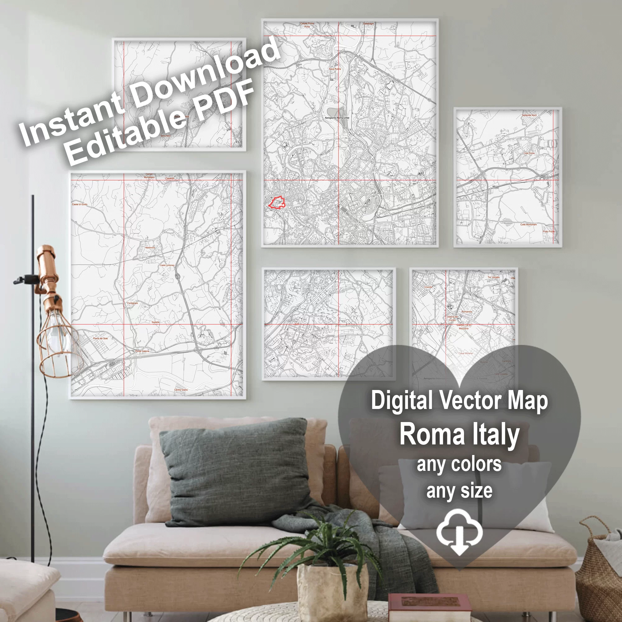 Roma Italy PDF Vector Map: City Plan Low Detailed (simple white) Street Map editable Adobe PDF in layers