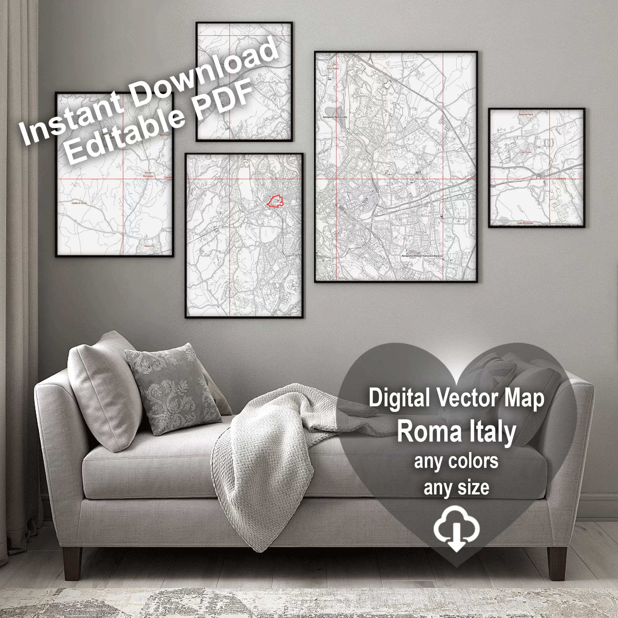Roma Italy PDF Vector Map: City Plan Low Detailed (simple white) Street Map editable Adobe PDF in layers