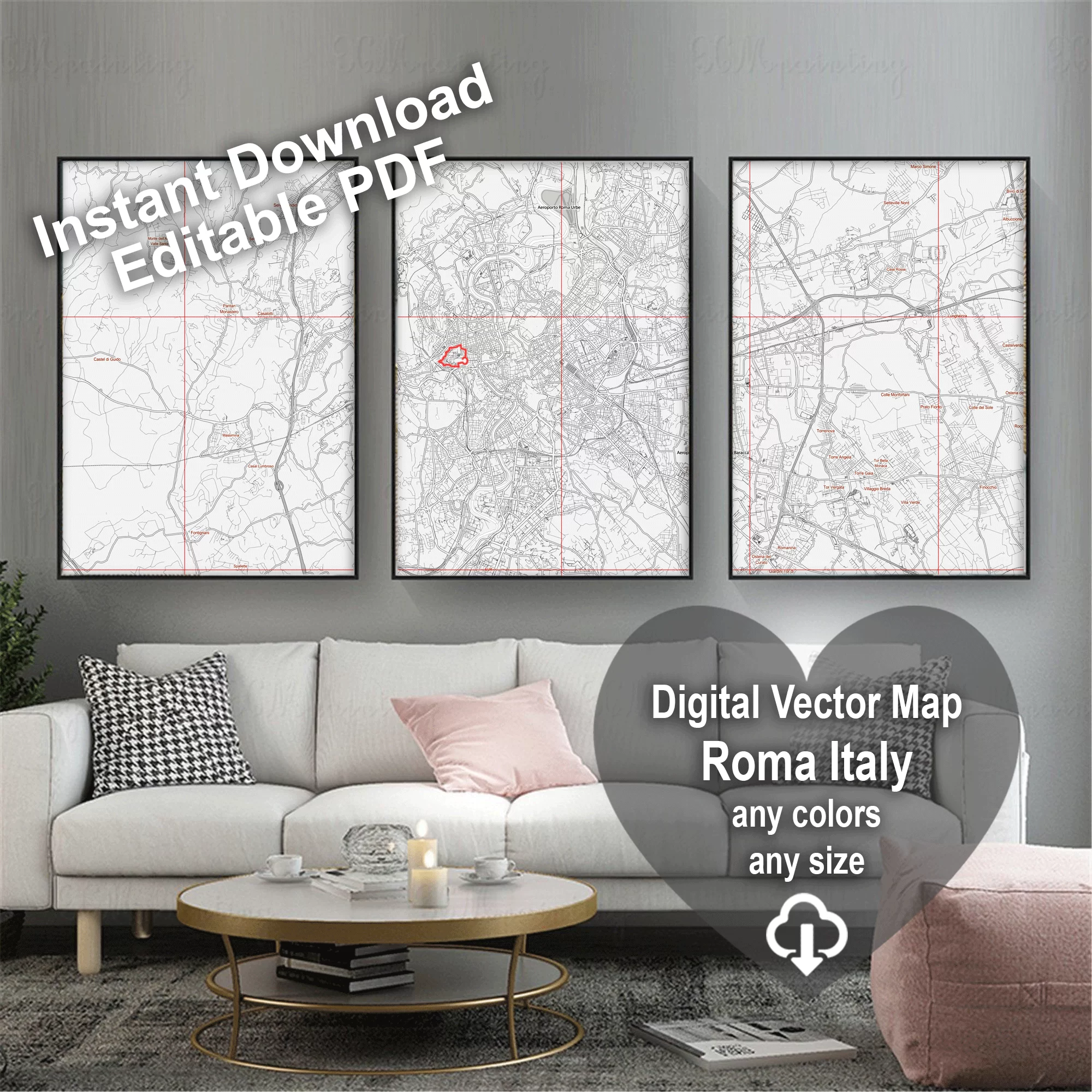 Roma Italy PDF Vector Map: City Plan Low Detailed (simple white) Street Map editable Adobe PDF in layers