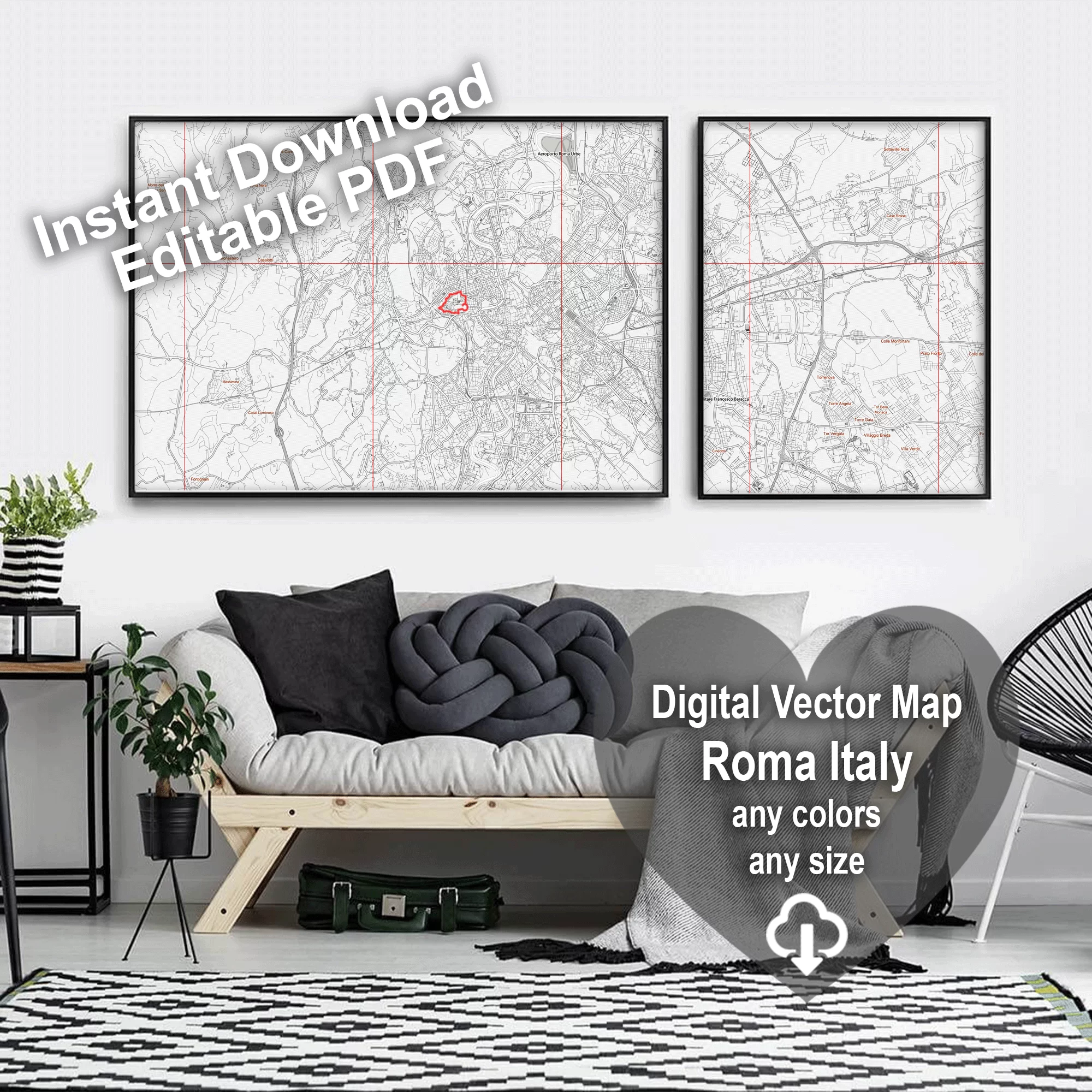 Roma Italy PDF Vector Map: City Plan Low Detailed (simple white) Street Map editable Adobe PDF in layers