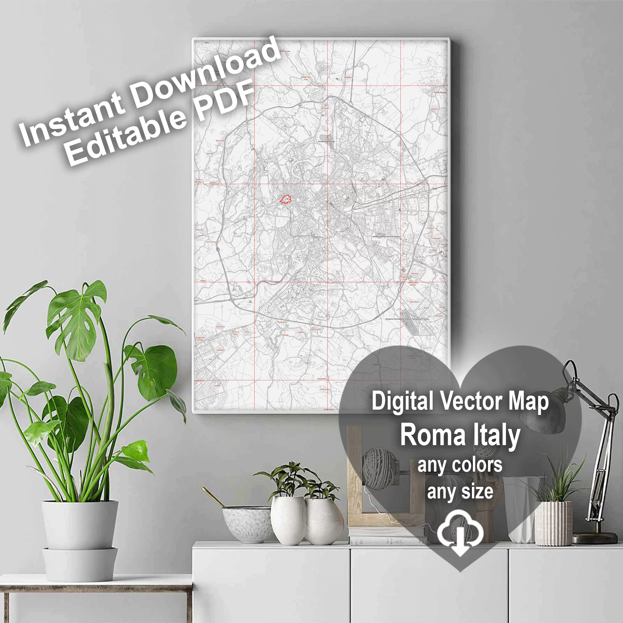 Roma Italy PDF Vector Map: City Plan Low Detailed (simple white) Street Map editable Adobe PDF in layers