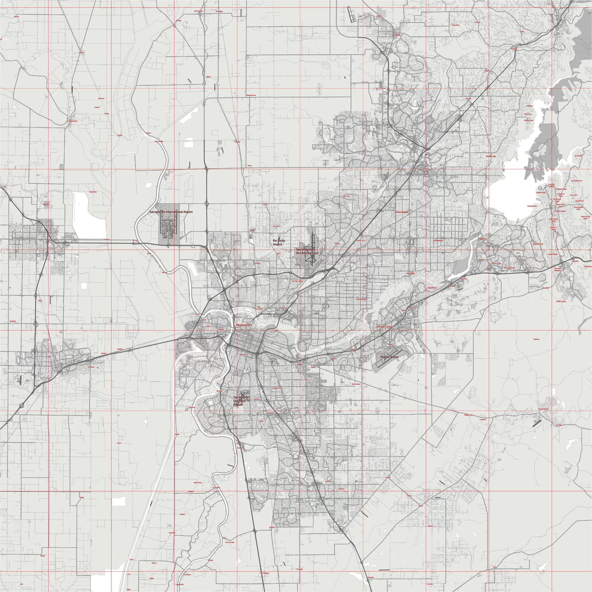 Sacramento California US Map Vector City Plan Low Detailed (simple white) Street Map editable Adobe Illustrator in layers
