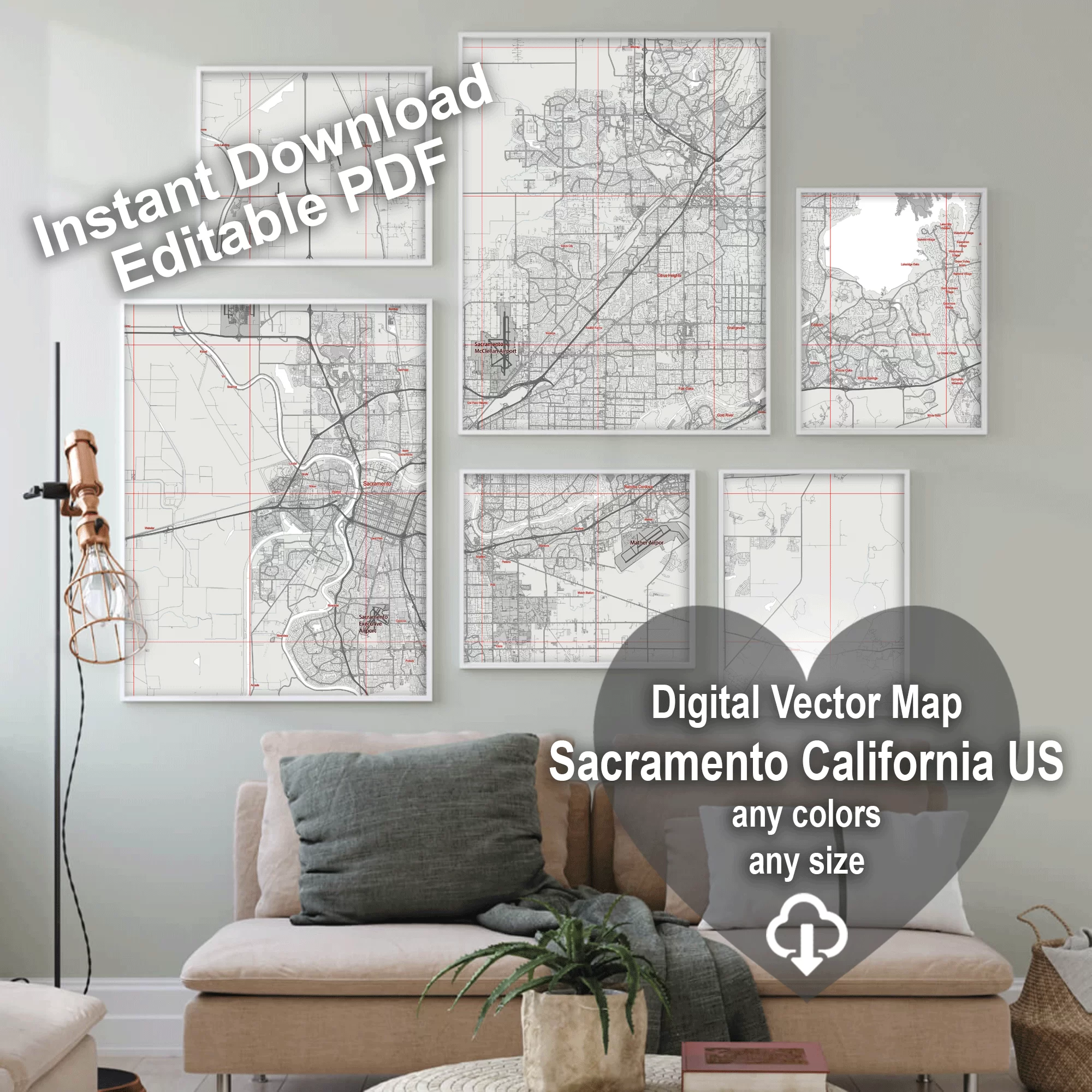 Sacramento California US Map Vector City Plan Low Detailed (simple white) Street Map editable Adobe Illustrator in layers