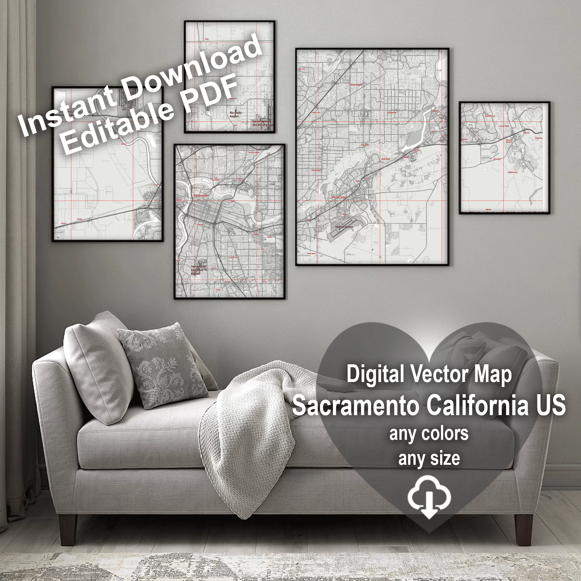 Sacramento California US Map Vector City Plan Low Detailed (simple white) Street Map editable Adobe Illustrator in layers