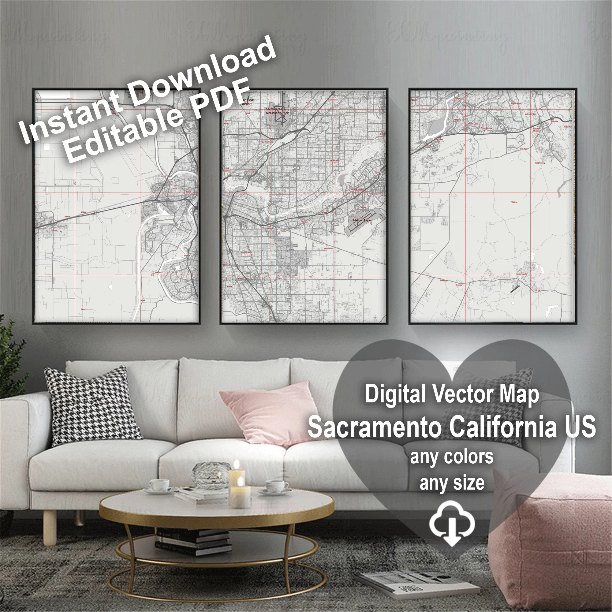 Sacramento California US Map Vector City Plan Low Detailed (simple white) Street Map editable Adobe Illustrator in layers
