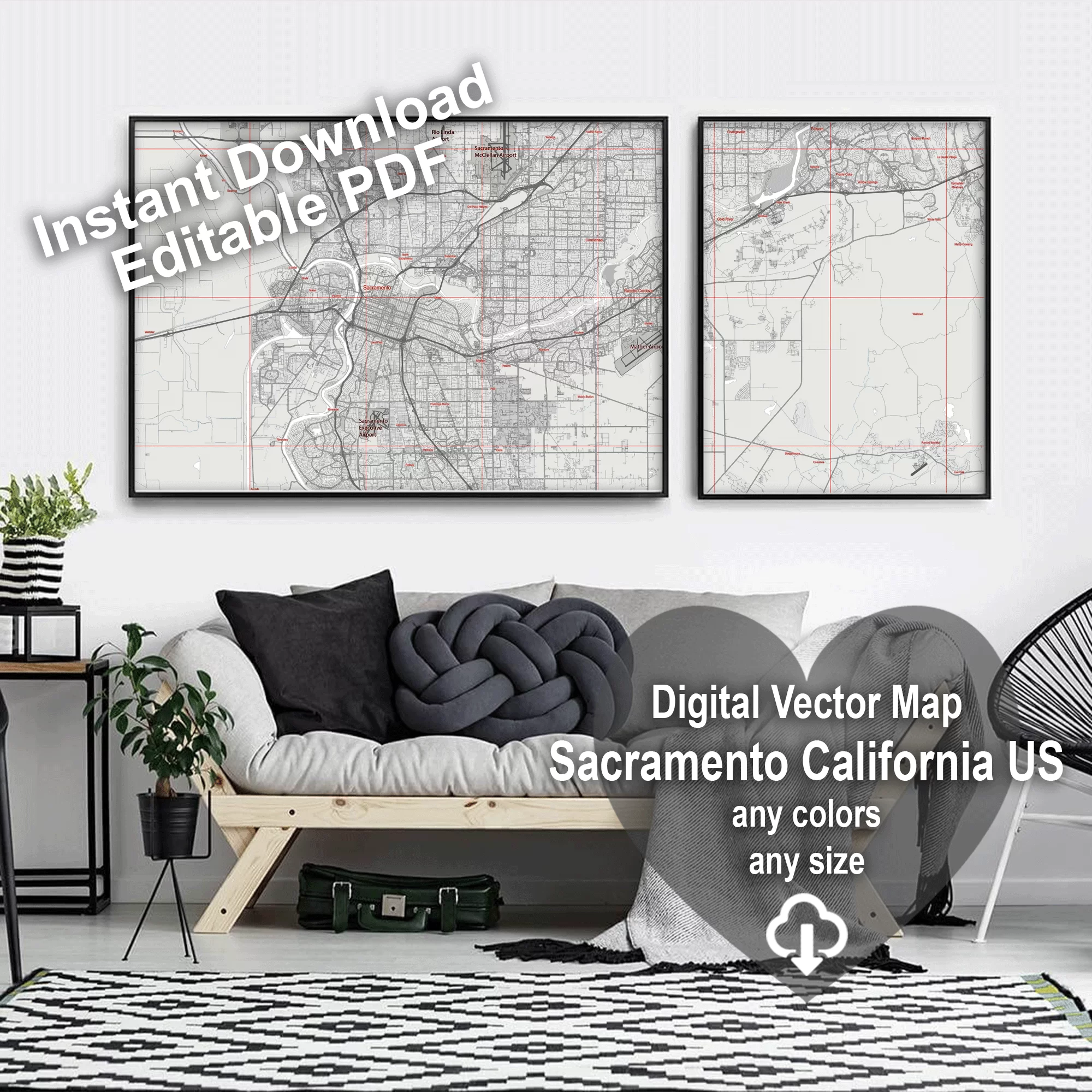 Sacramento California US Map Vector City Plan Low Detailed (simple white) Street Map editable Adobe Illustrator in layers