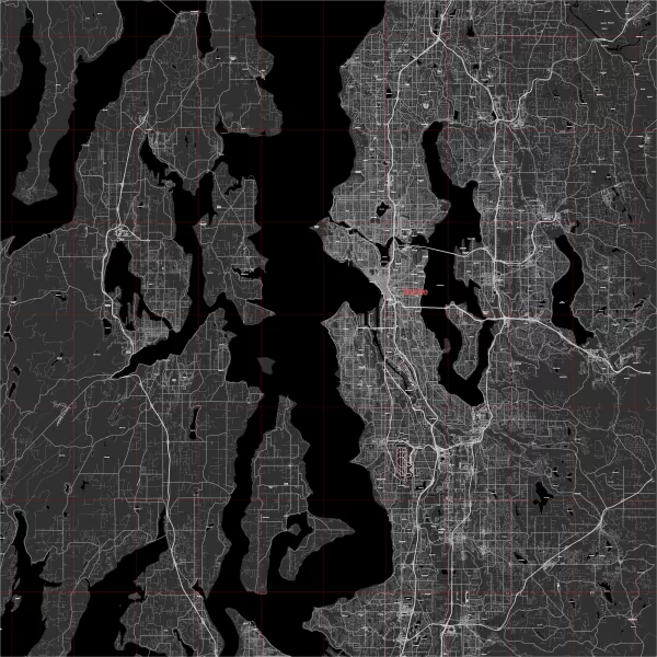Seattle Washington US Map Vector City Plan Low Detailed (simple BLACK & WHITE) Street Map editable Adobe Illustrator in layers
