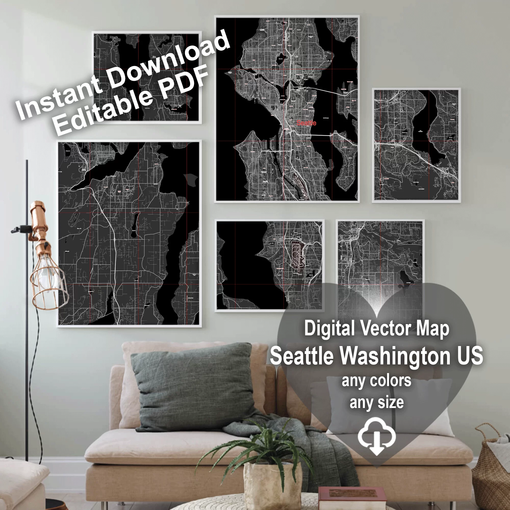 Seattle Washington US PDF Vector Map: City Plan Low Detailed (simple BLACK & WHITE) Street Map editable Adobe PDF in layers
