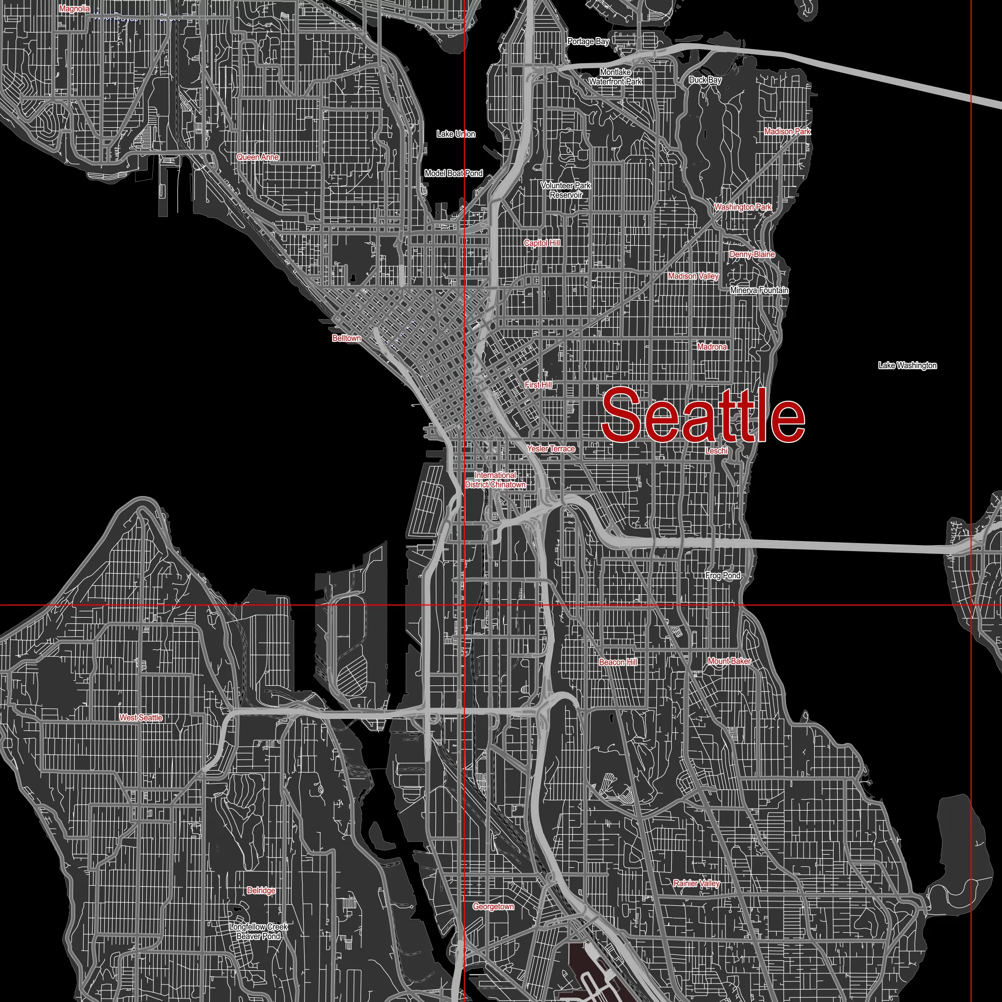 Seattle Washington US PDF Vector Map: City Plan Low Detailed (simple BLACK & WHITE) Street Map editable Adobe PDF in layers