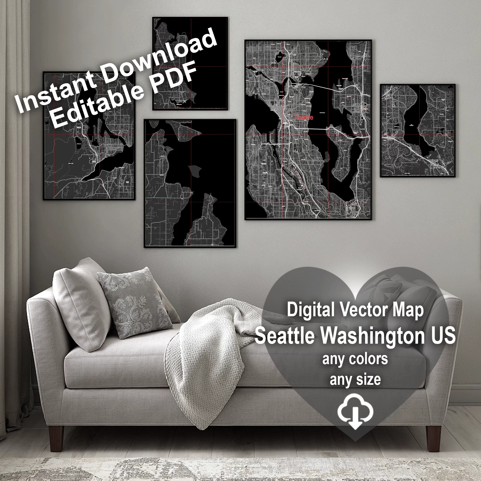 Seattle Washington US PDF Vector Map: City Plan Low Detailed (simple BLACK & WHITE) Street Map editable Adobe PDF in layers