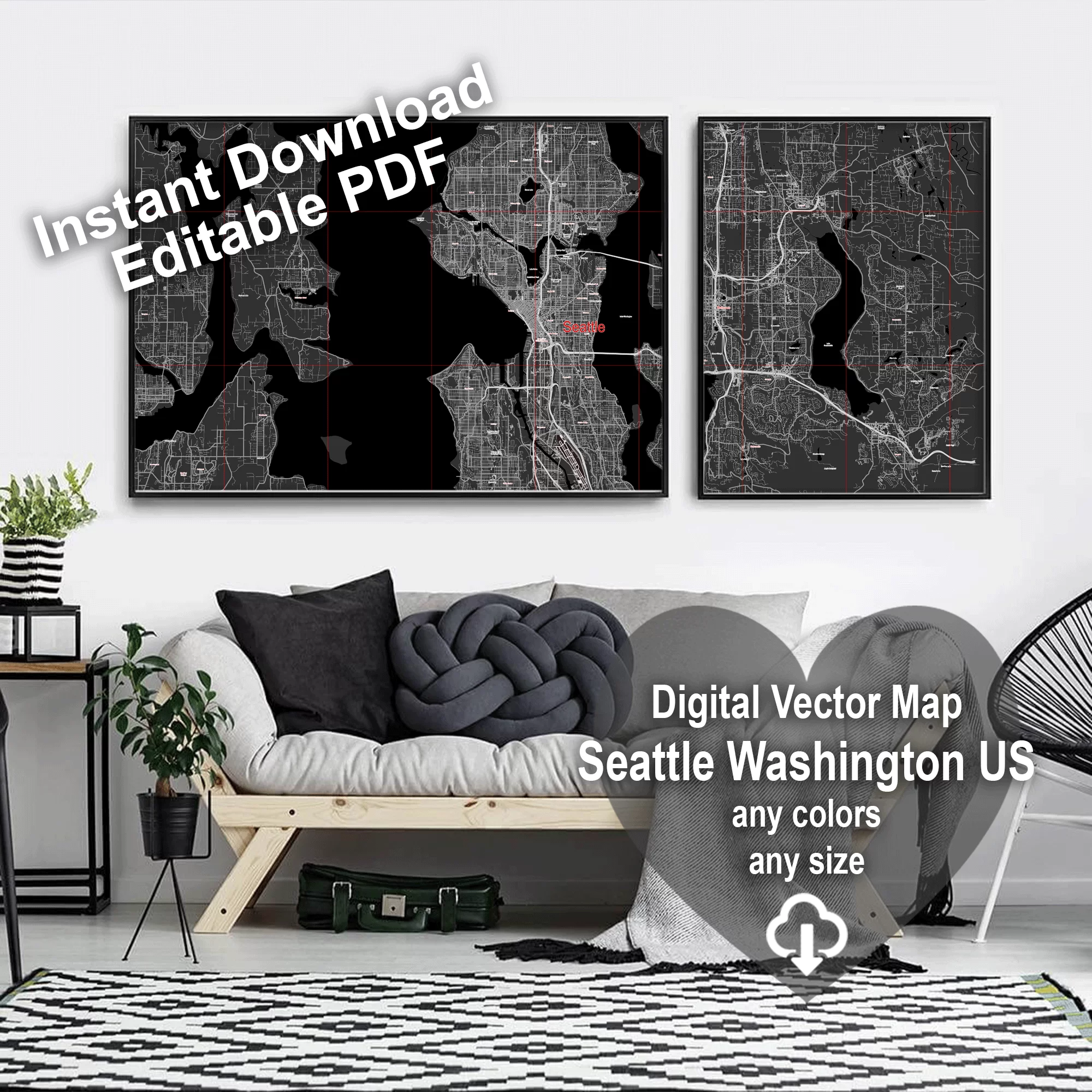 Seattle Washington US PDF Vector Map: City Plan Low Detailed (simple BLACK & WHITE) Street Map editable Adobe PDF in layers
