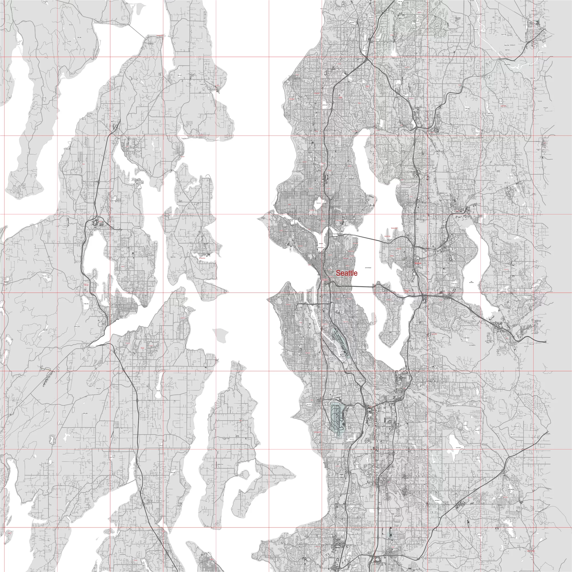 Seattle Washington US PDF Vector Map: City Plan Low Detailed (simple white + black hc) Street Map editable Adobe PDF in layers.