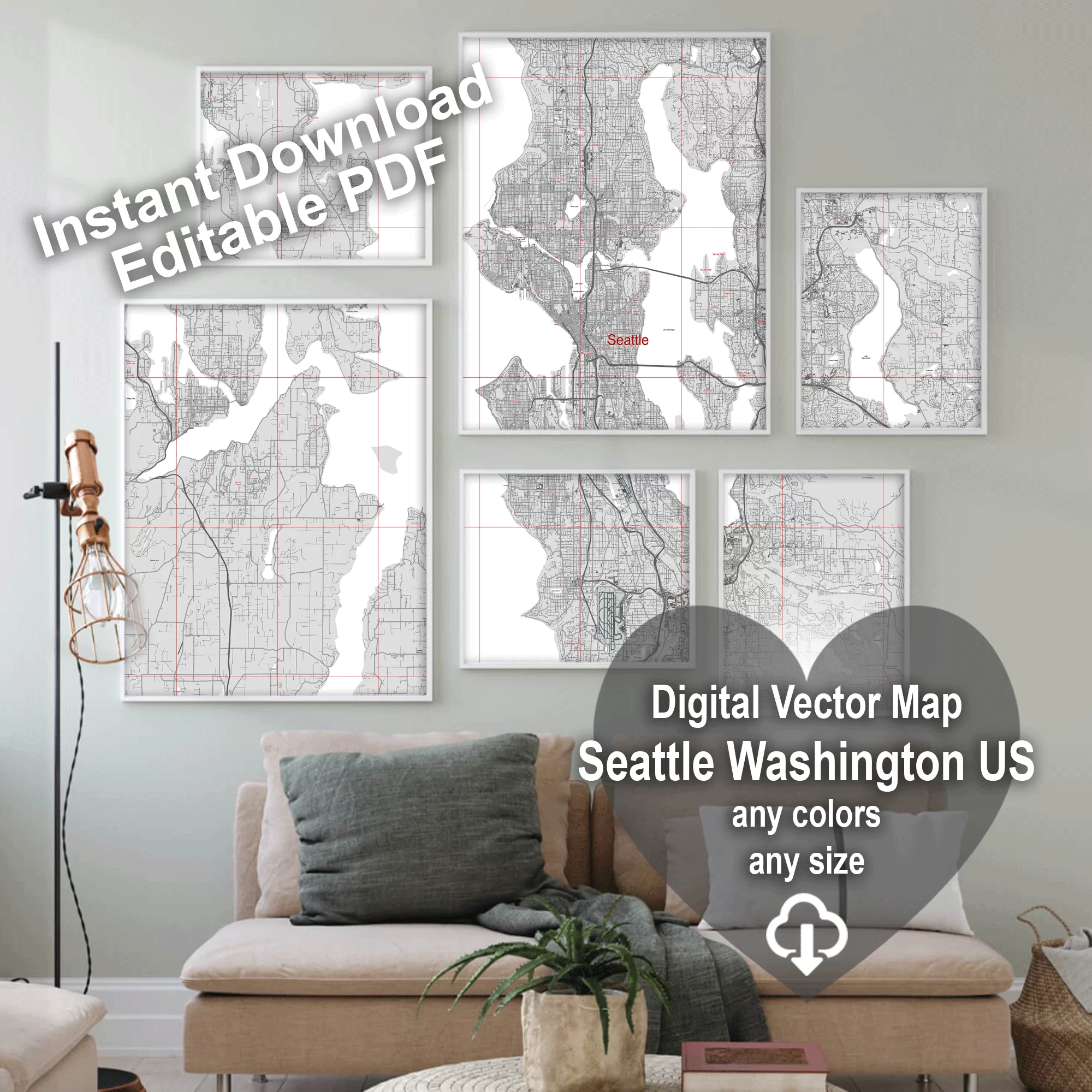 Seattle Washington US PDF Vector Map: City Plan Low Detailed (simple white + black hc) Street Map editable Adobe PDF in layers.