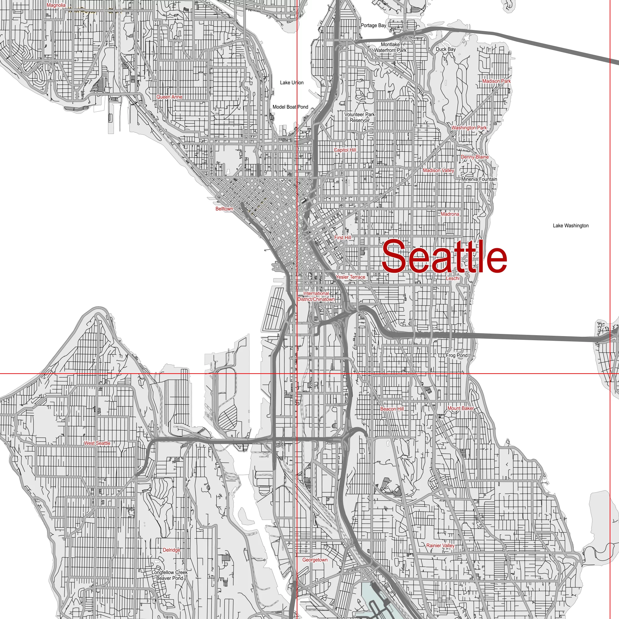 Seattle Washington US PDF Vector Map: City Plan Low Detailed (simple white + black hc) Street Map editable Adobe PDF in layers.