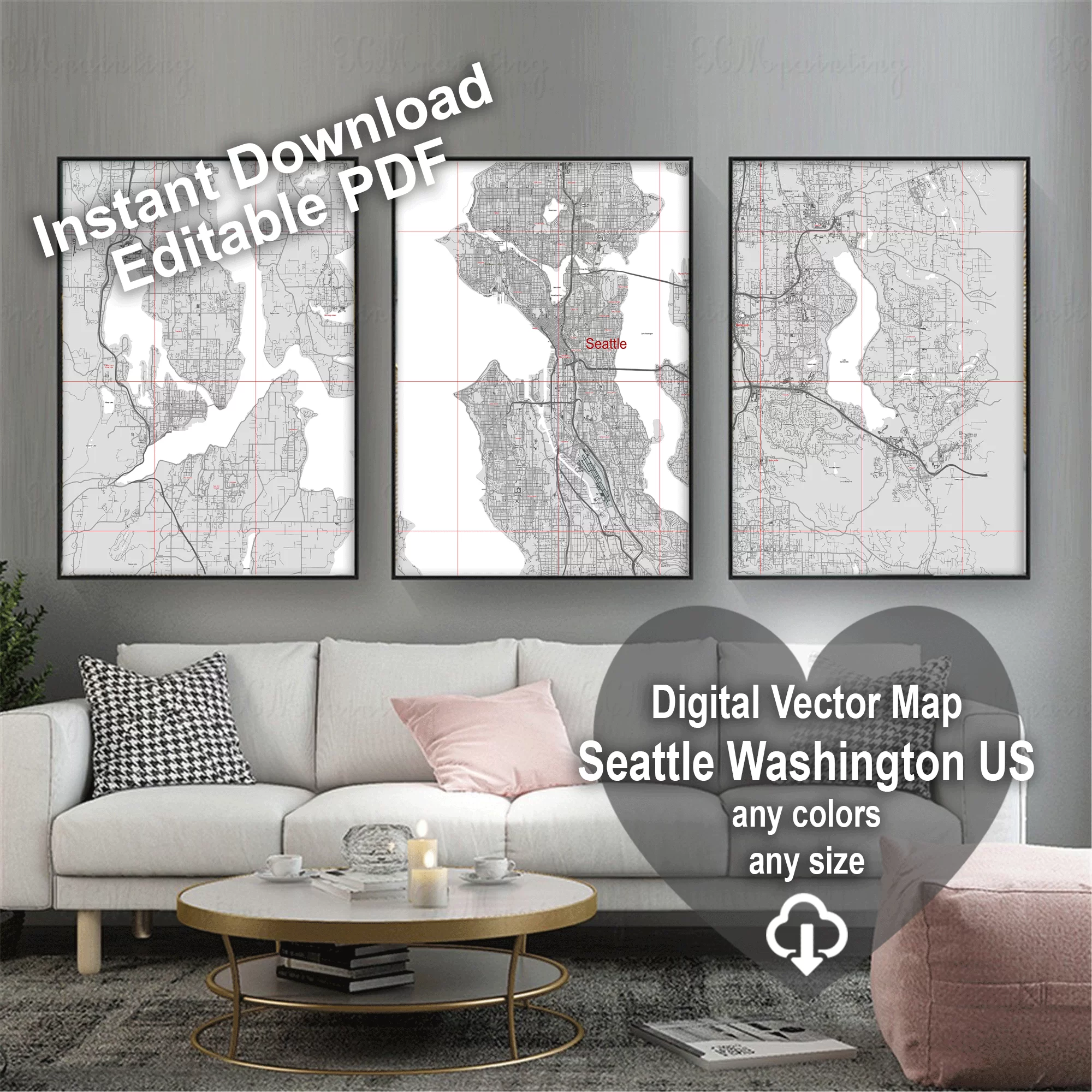 Seattle Washington US PDF Vector Map: City Plan Low Detailed (simple white + black hc) Street Map editable Adobe PDF in layers.