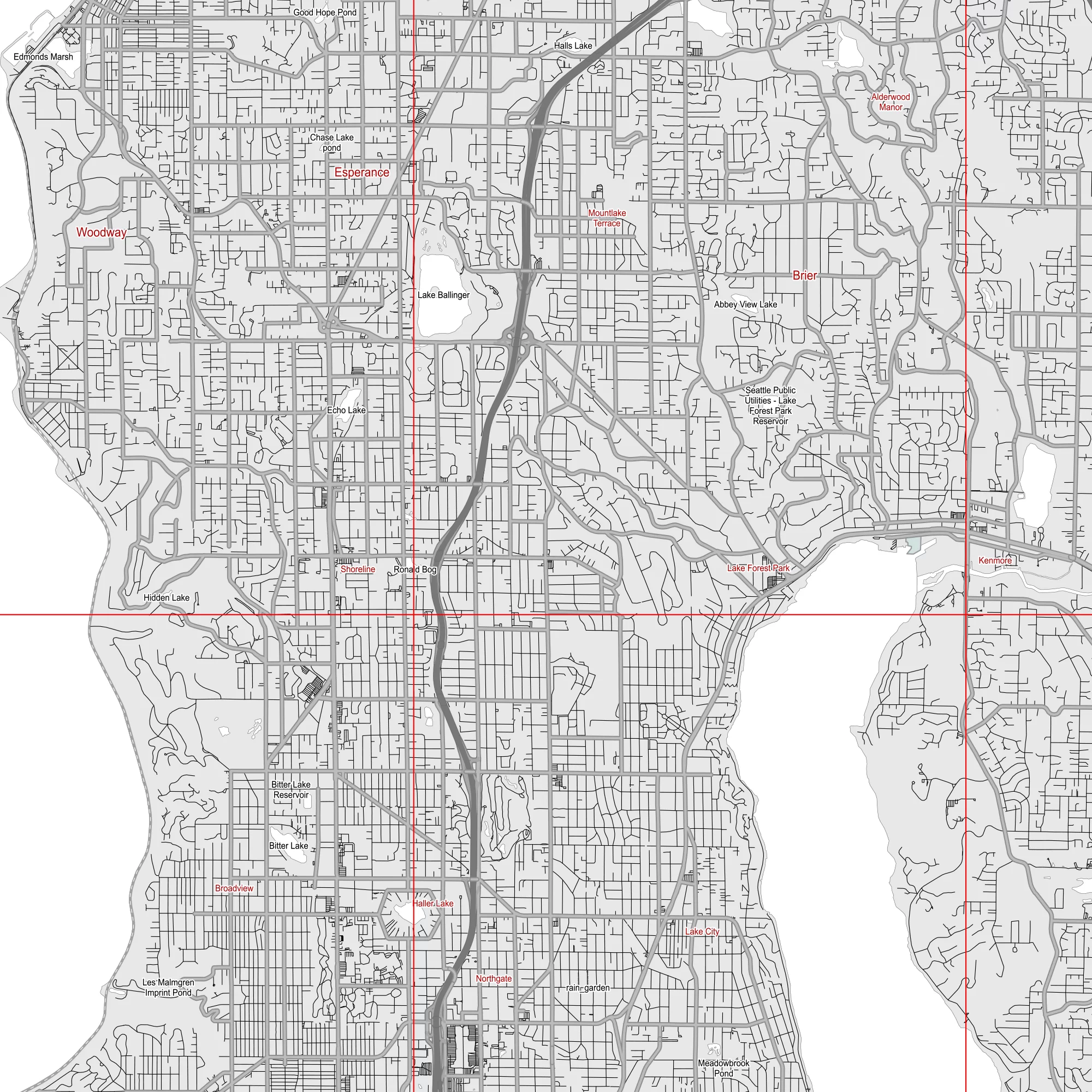 Seattle Washington US PDF Vector Map: City Plan Low Detailed (simple white + black hc) Street Map editable Adobe PDF in layers.