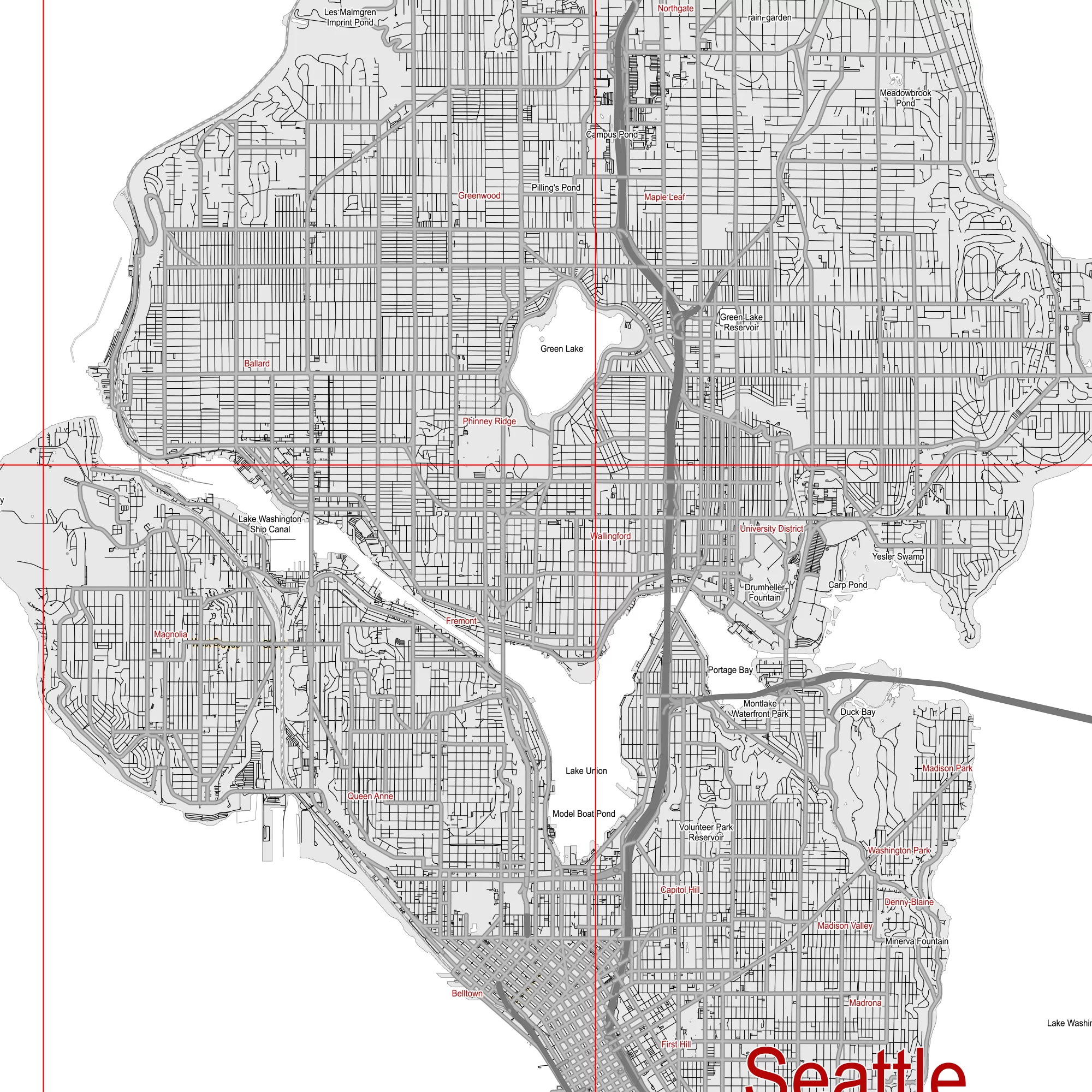 Seattle Washington US PDF Vector Map: City Plan Low Detailed (simple white + black hc) Street Map editable Adobe PDF in layers.