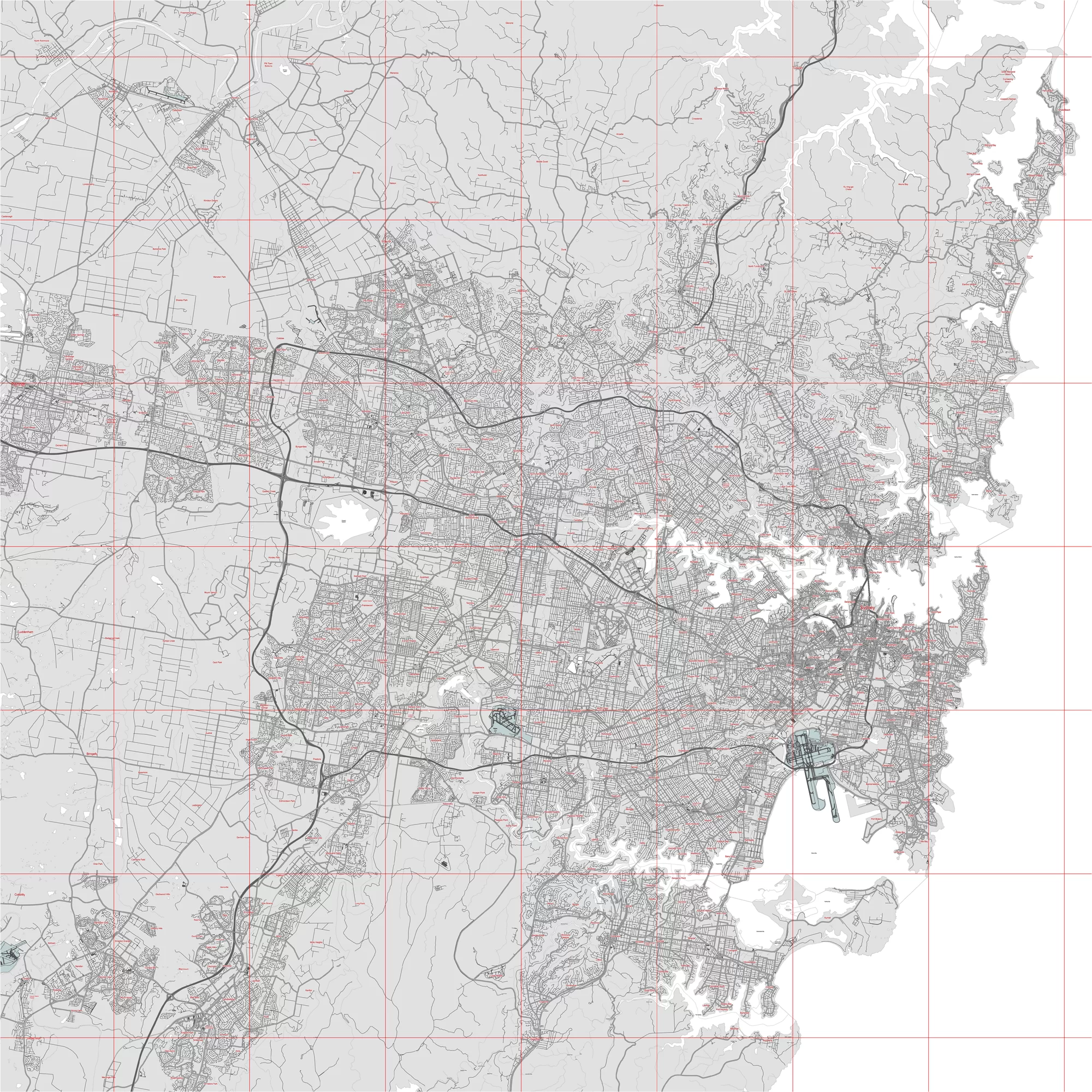 Sydney Australia PDF Vector Map: City Plan Low Detailed (simple BLANK version) Street Map editable Adobe PDF in layers