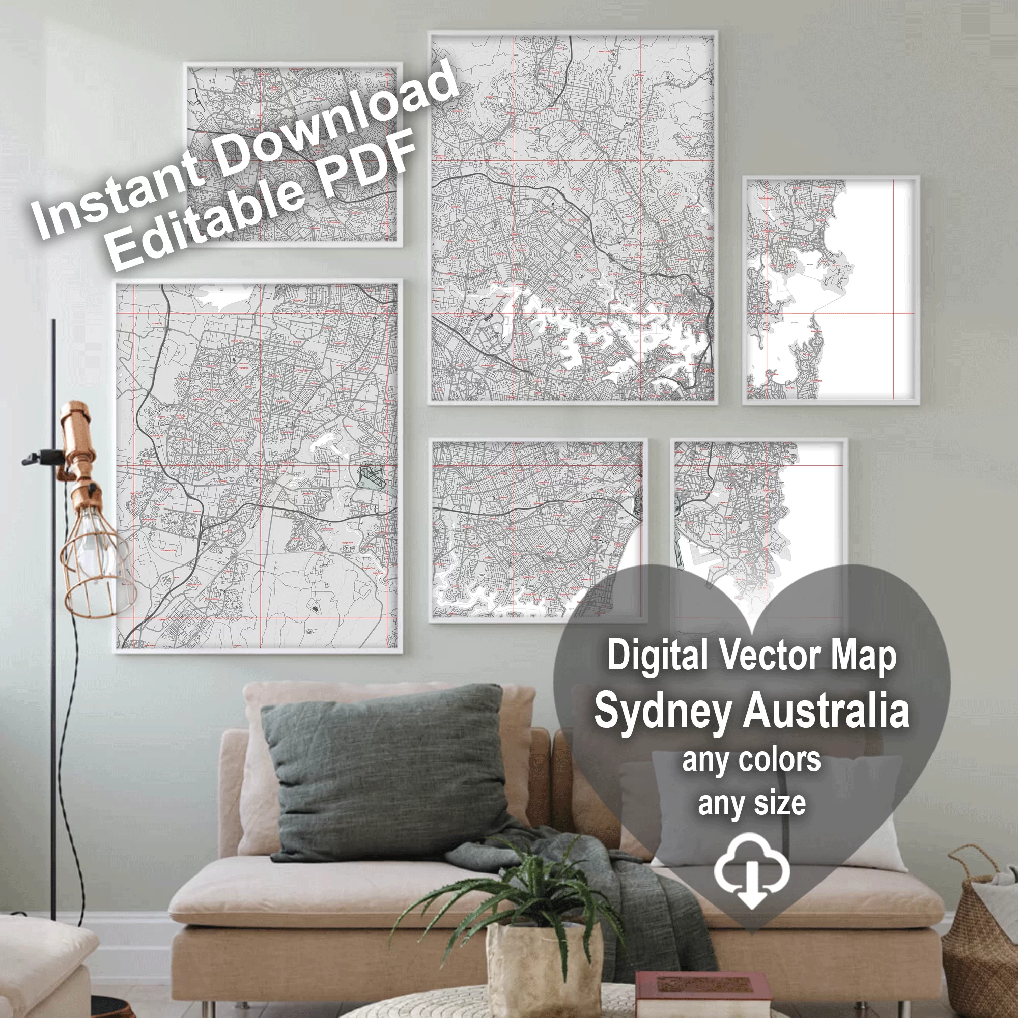 Sydney Australia PDF Vector Map: City Plan Low Detailed (simple BLANK version) Street Map editable Adobe PDF in layers