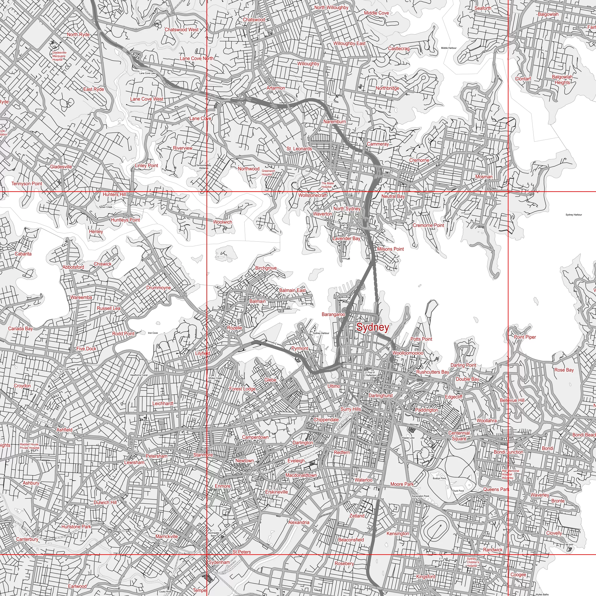 Sydney Australia PDF Vector Map: City Plan Low Detailed (simple BLANK version) Street Map editable Adobe PDF in layers