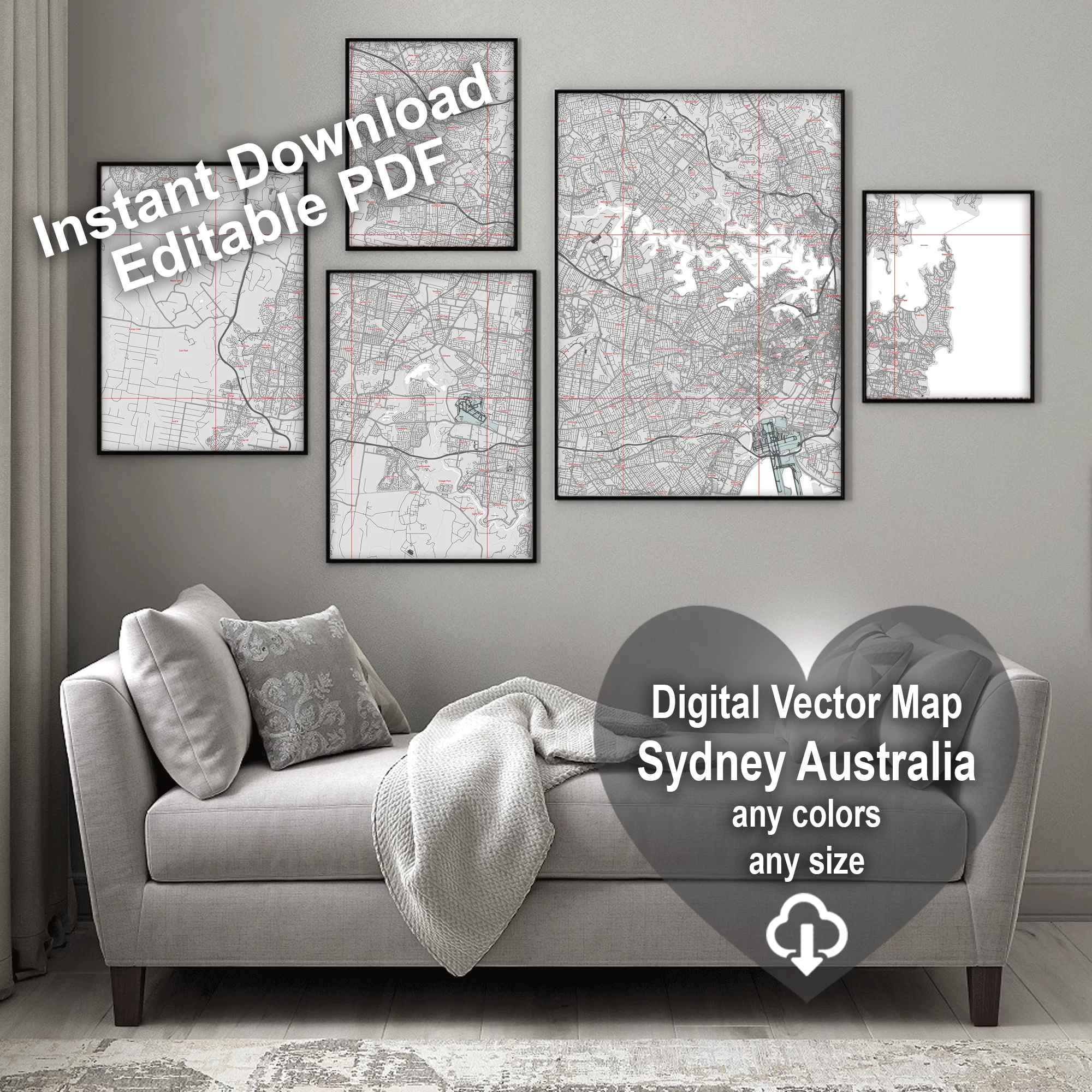 Sydney Australia PDF Vector Map: City Plan Low Detailed (simple BLANK version) Street Map editable Adobe PDF in layers