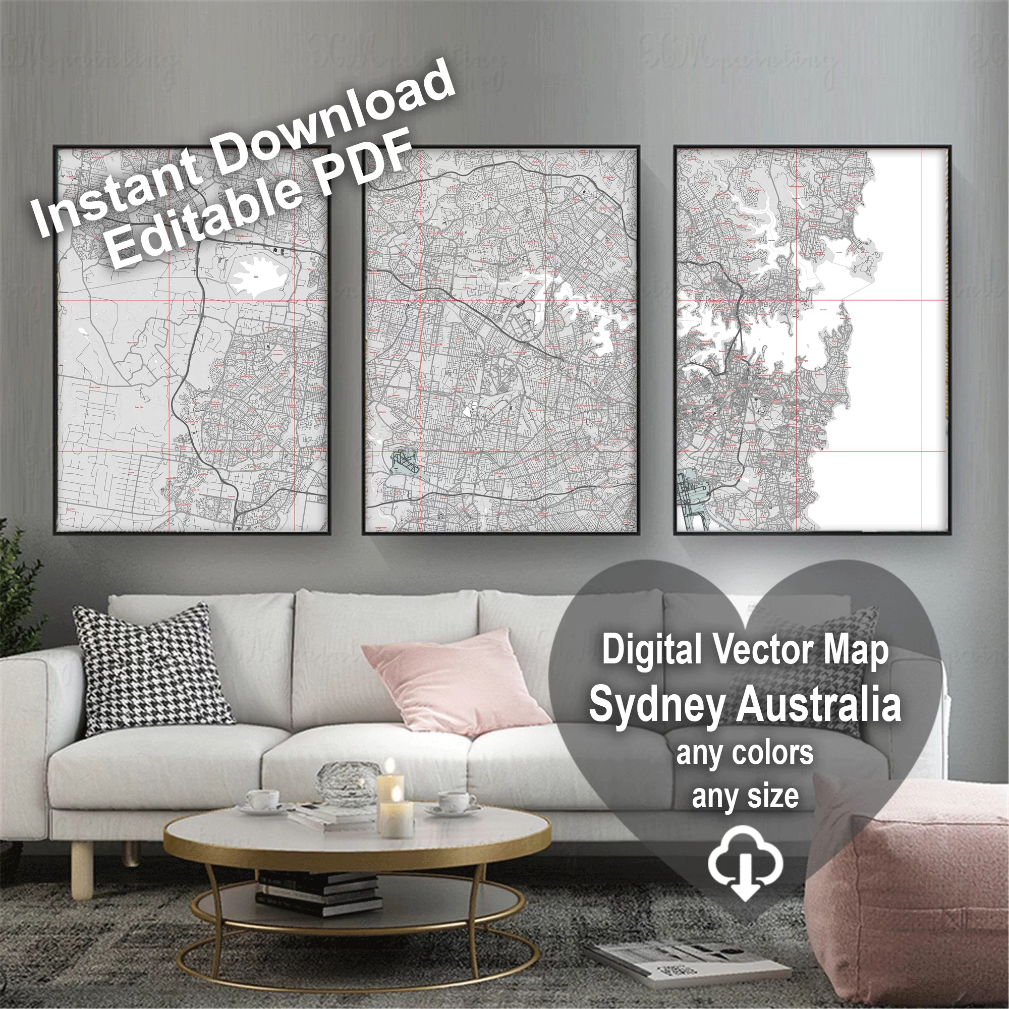 Sydney Australia PDF Vector Map: City Plan Low Detailed (simple BLANK version) Street Map editable Adobe PDF in layers