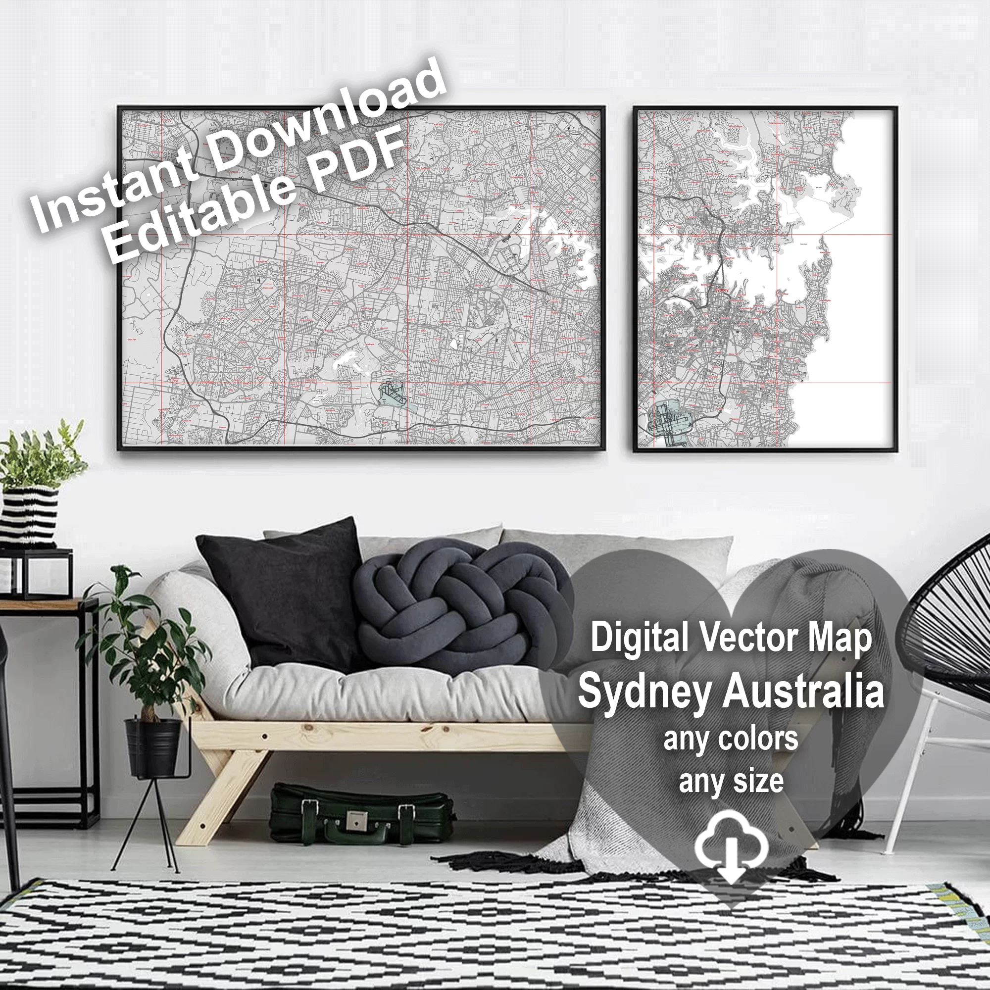 Sydney Australia PDF Vector Map: City Plan Low Detailed (simple BLANK version) Street Map editable Adobe PDF in layers