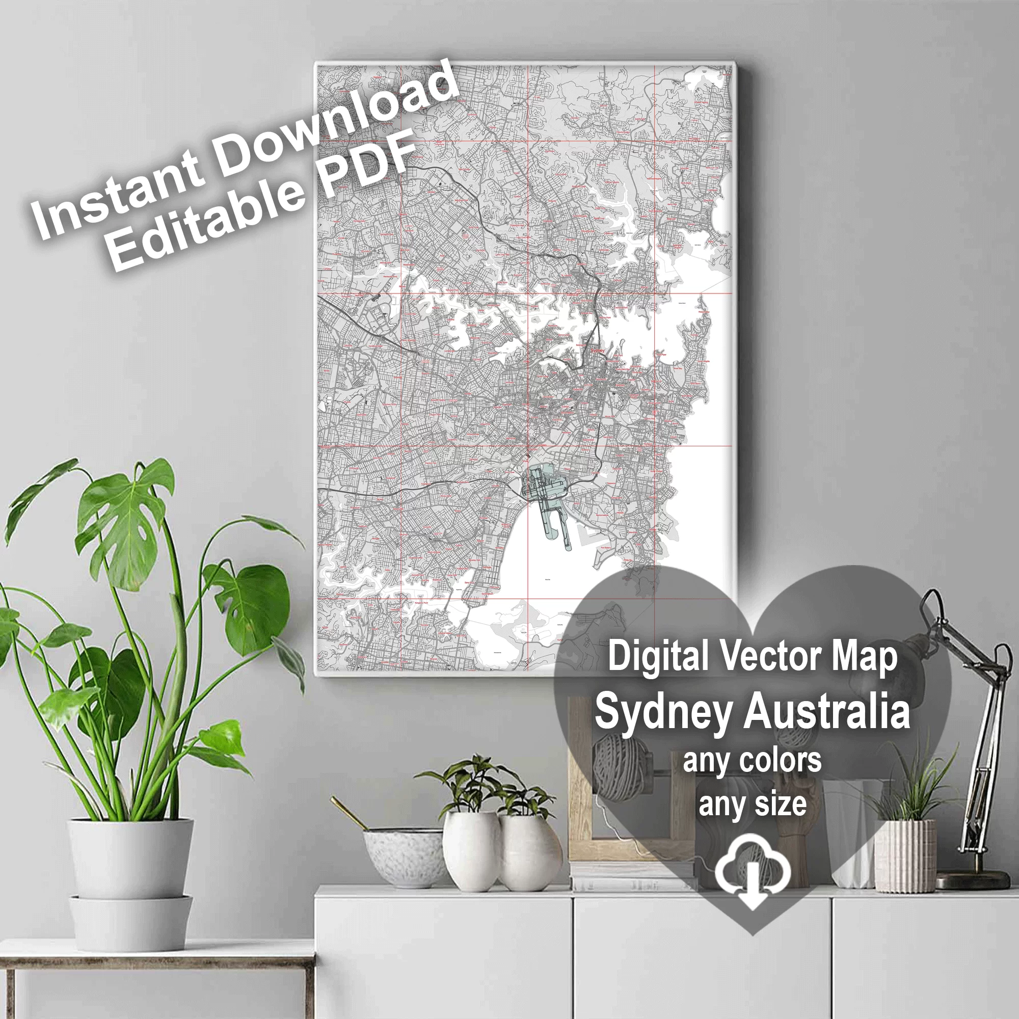 Sydney Australia PDF Vector Map: City Plan Low Detailed (simple BLANK version) Street Map editable Adobe PDF in layers