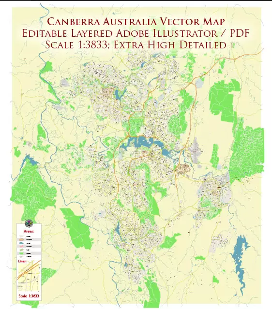 Canberra Australia Map Vector Exact High Detailed City Plan editable Adobe Illustrator Street Map in layers