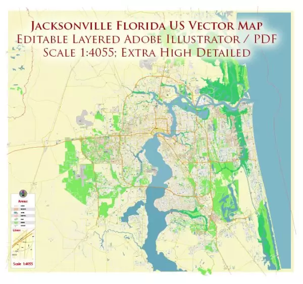 Jacksonville Florida US City Vector Map Exact High Detailed Urban Plan editable Adobe Illustrator Street Map in layers