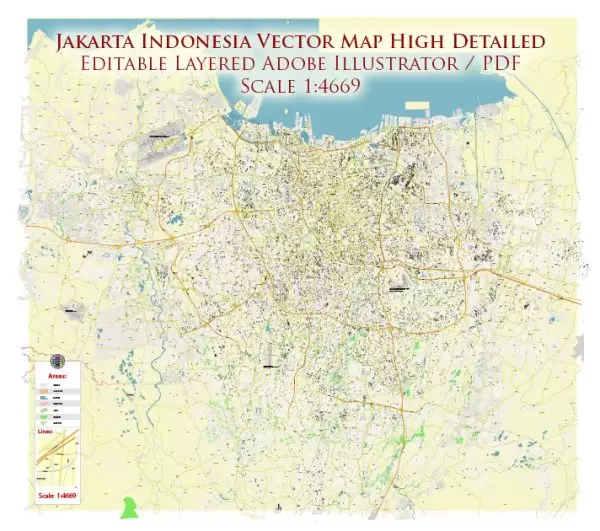 Jakarta Indonesia Map Vector Exact High Detailed City Plan editable Adobe Illustrator Street Map in layers