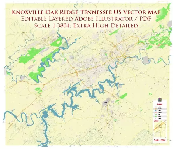 Knoxville + Oak Ridge Tennessee US Map Vector Exact High Detailed City Plan editable Adobe Illustrator Street Map in layers