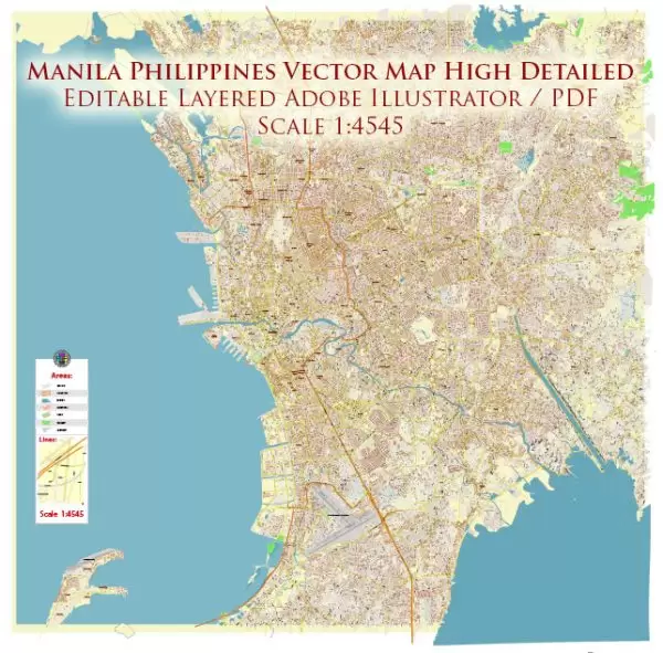 Manila Philippines Map Vector Exact High Detailed City Plan editable Adobe Illustrator Street Map in layers
