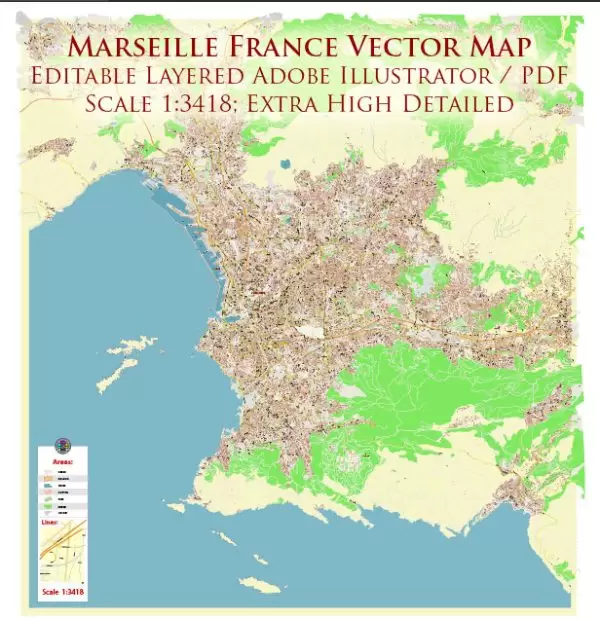 Marseille France City Vector Map Exact High Detailed Urban Plan editable Adobe Illustrator Street Map in layers